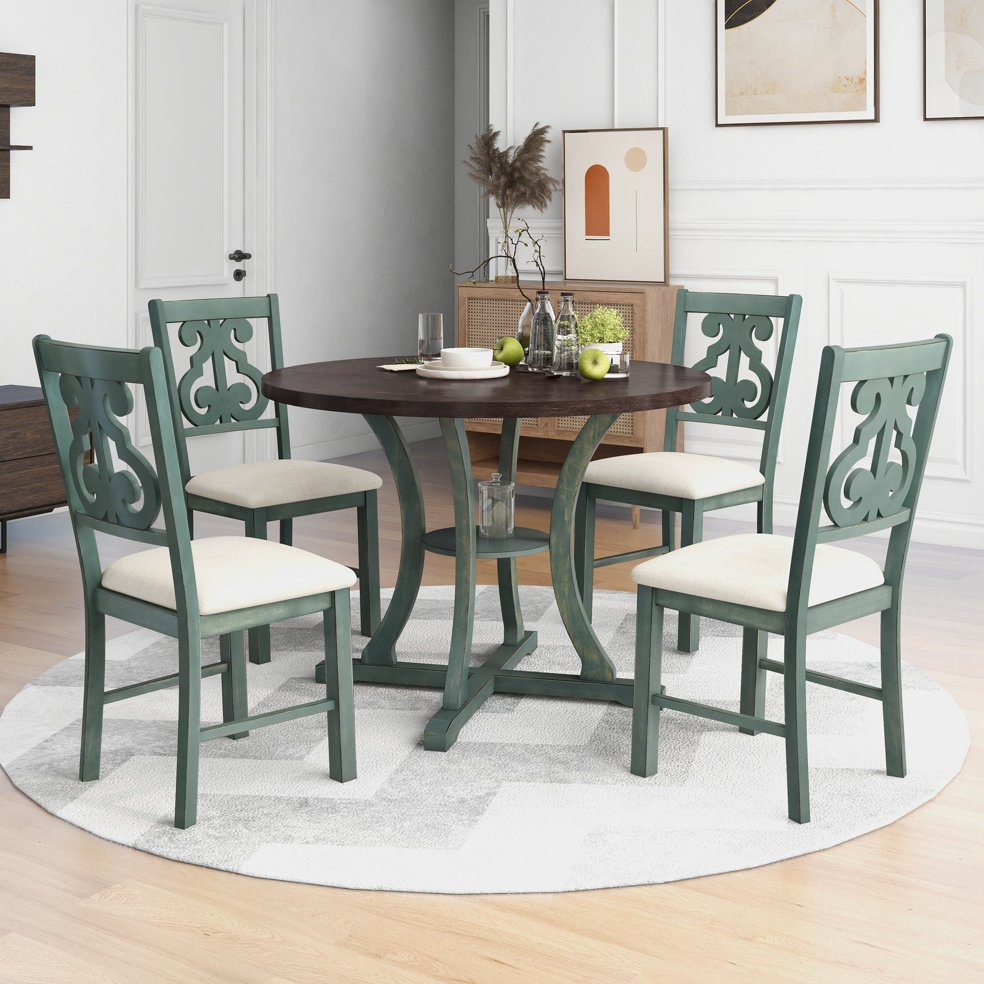 TREXM 5-Piece Round Dining Table and 4 Fabric Chairs with Special-shaped Table Legs and Storage Shelf (Antique Blue/ Dark Brown)