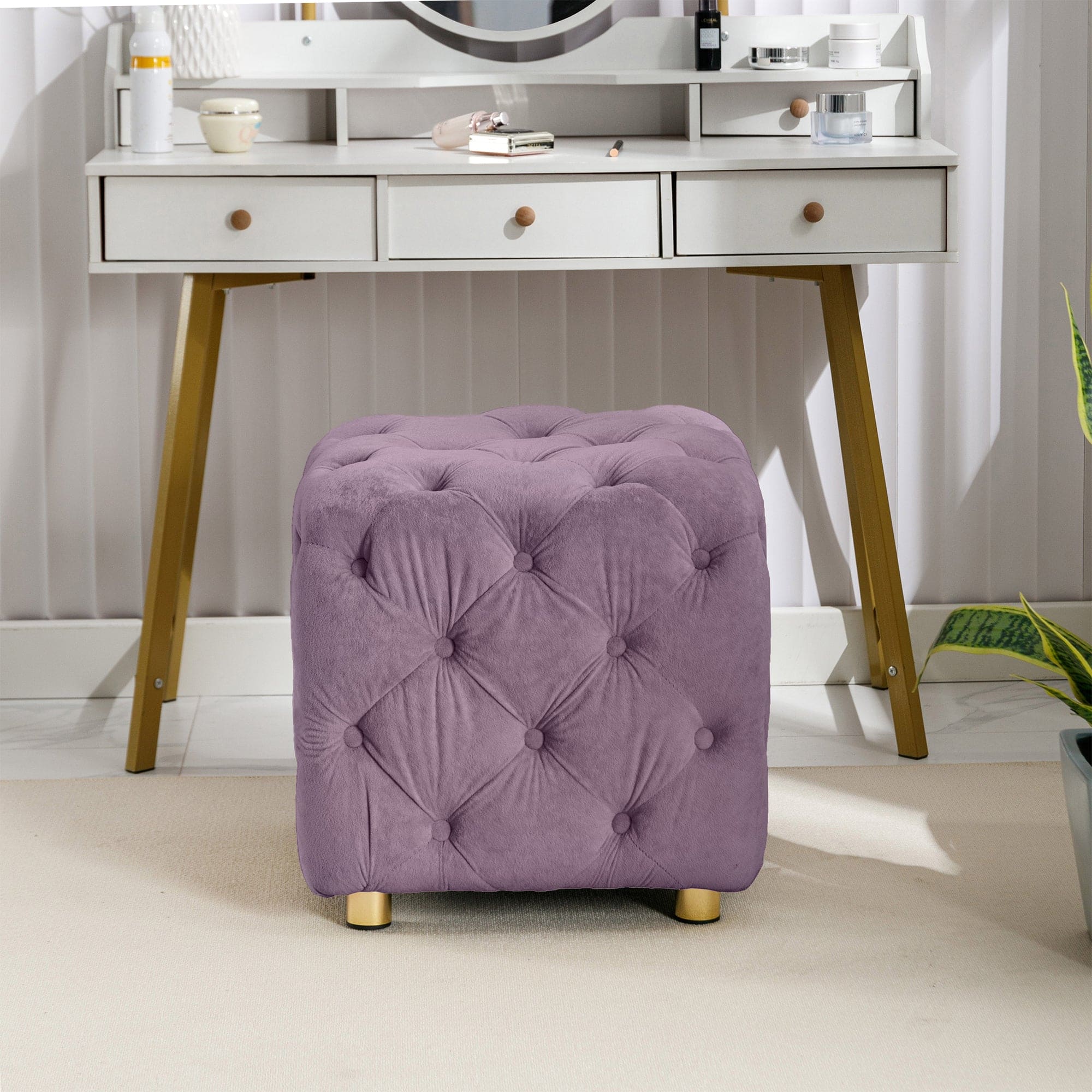 Purple Modern Velvet Upholstered Ottoman, Exquisite Small End Table, Soft Foot Stool,Dressing Makeup Chair, Comfortable Seat for Living Room, Bedroom, Entrance