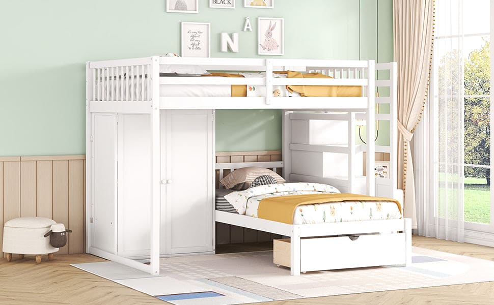 Full Over Twin Bunk Bed with Wardrobe, Drawers, White