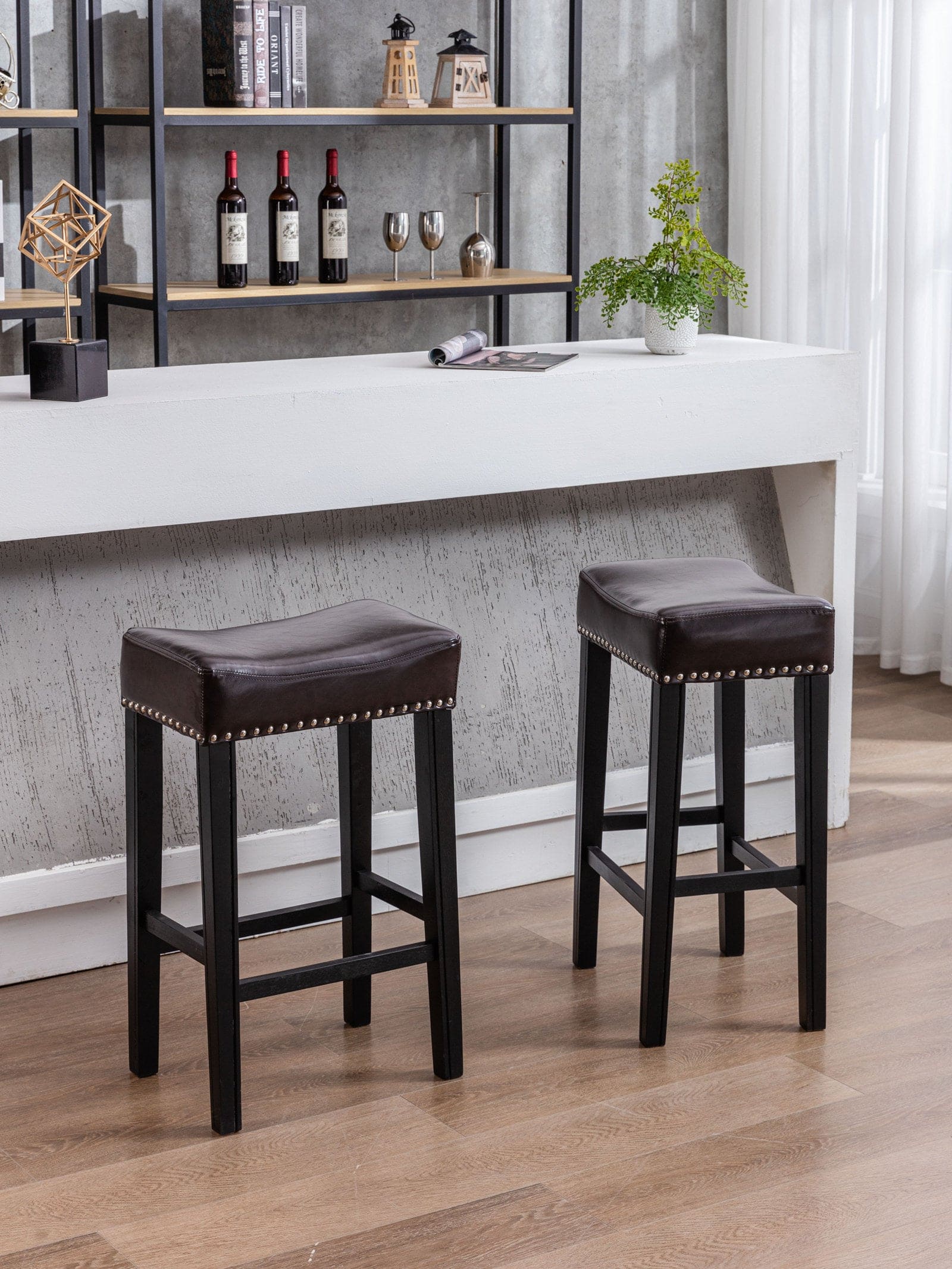 A&A Furniture,Counter Height 29" Bar Stools for Kitchen Counter Backless Faux Leather Stools Farmhouse Island Chairs (29 Inch, Brown, Set of 2)