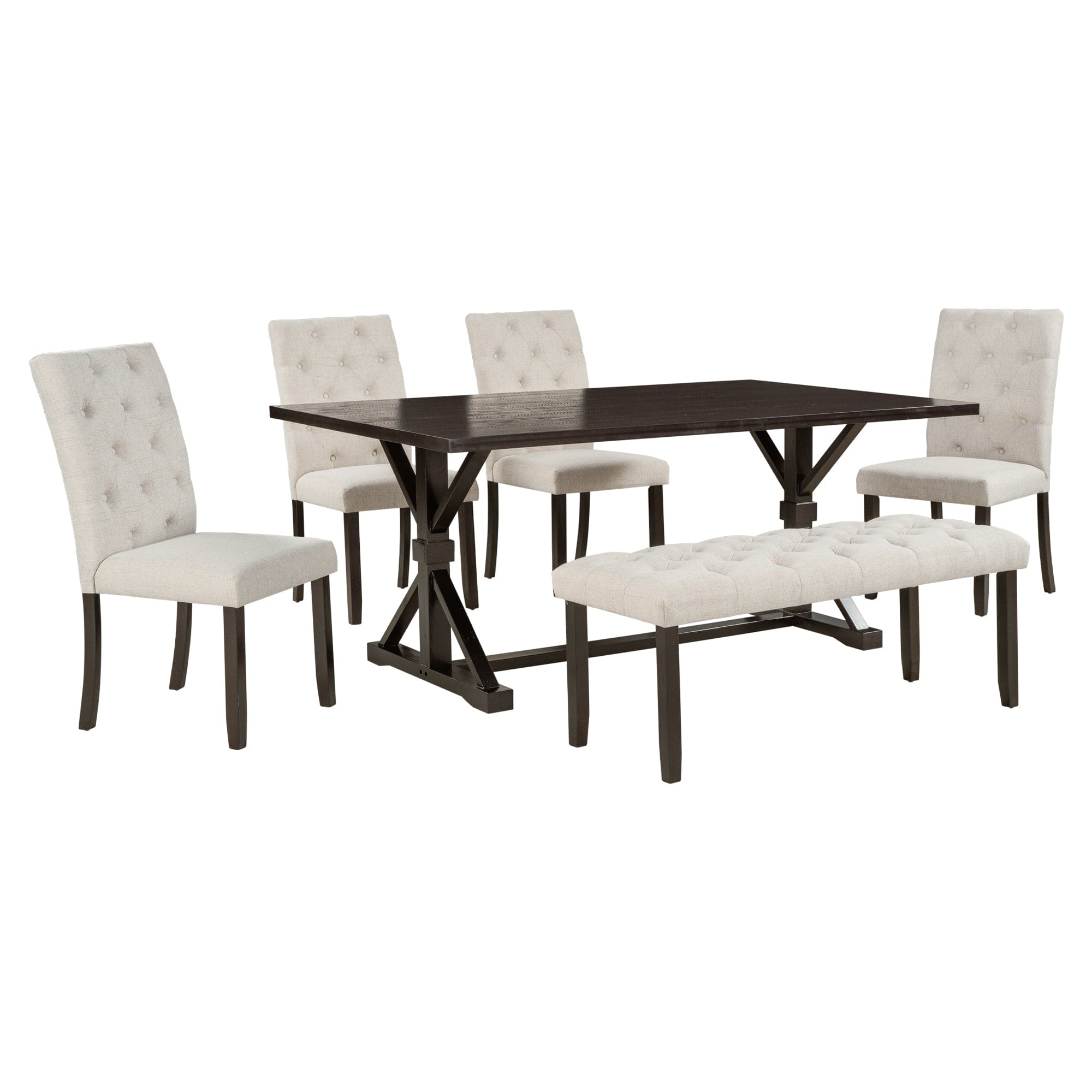 TREXM 6-Piece Farmhouse Dining Table Set 72" Wood Rectangular Table, 4 Upholstered Chairs with Bench (Espresso)