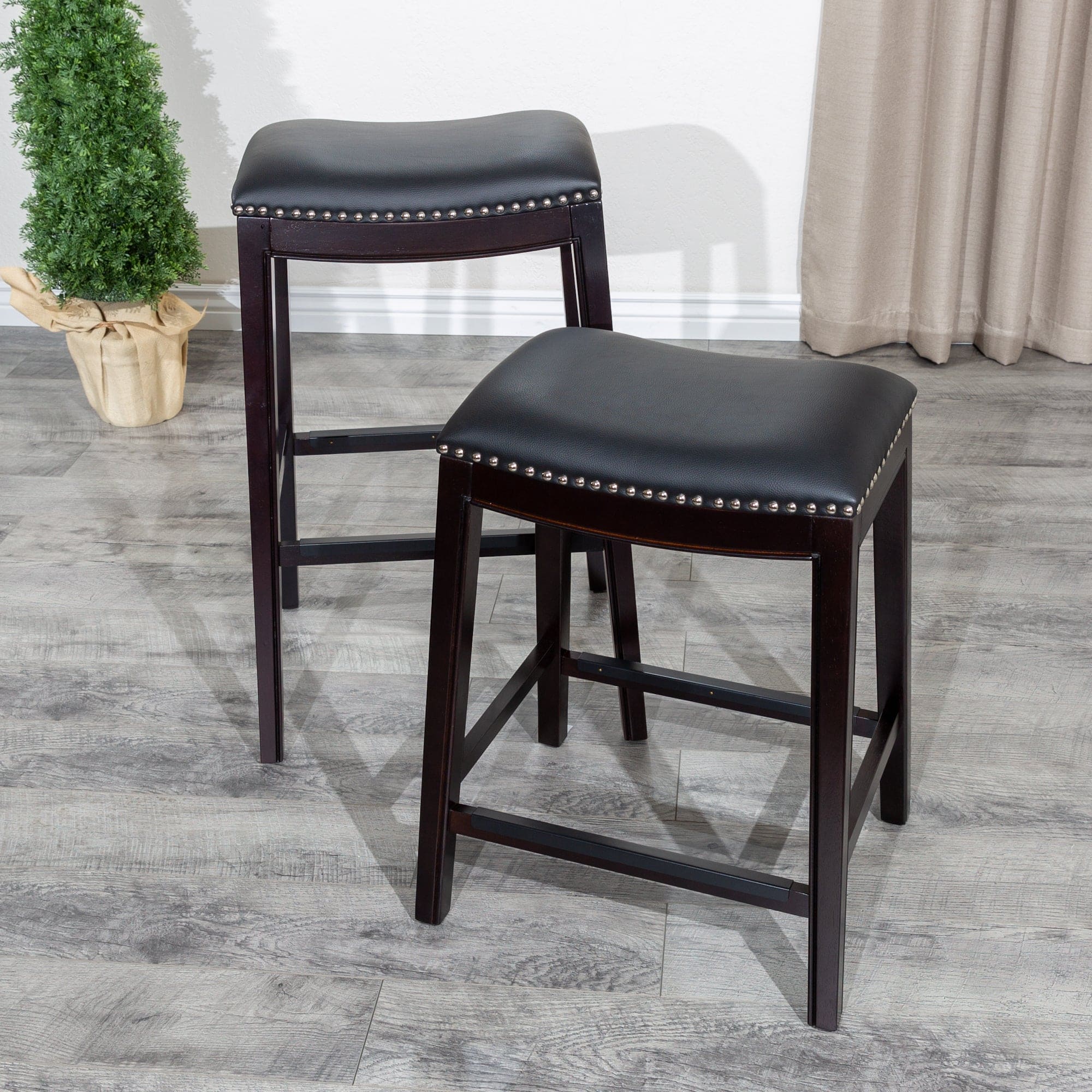 30" Bar Stool, Espresso Finish, Black Leather Seat