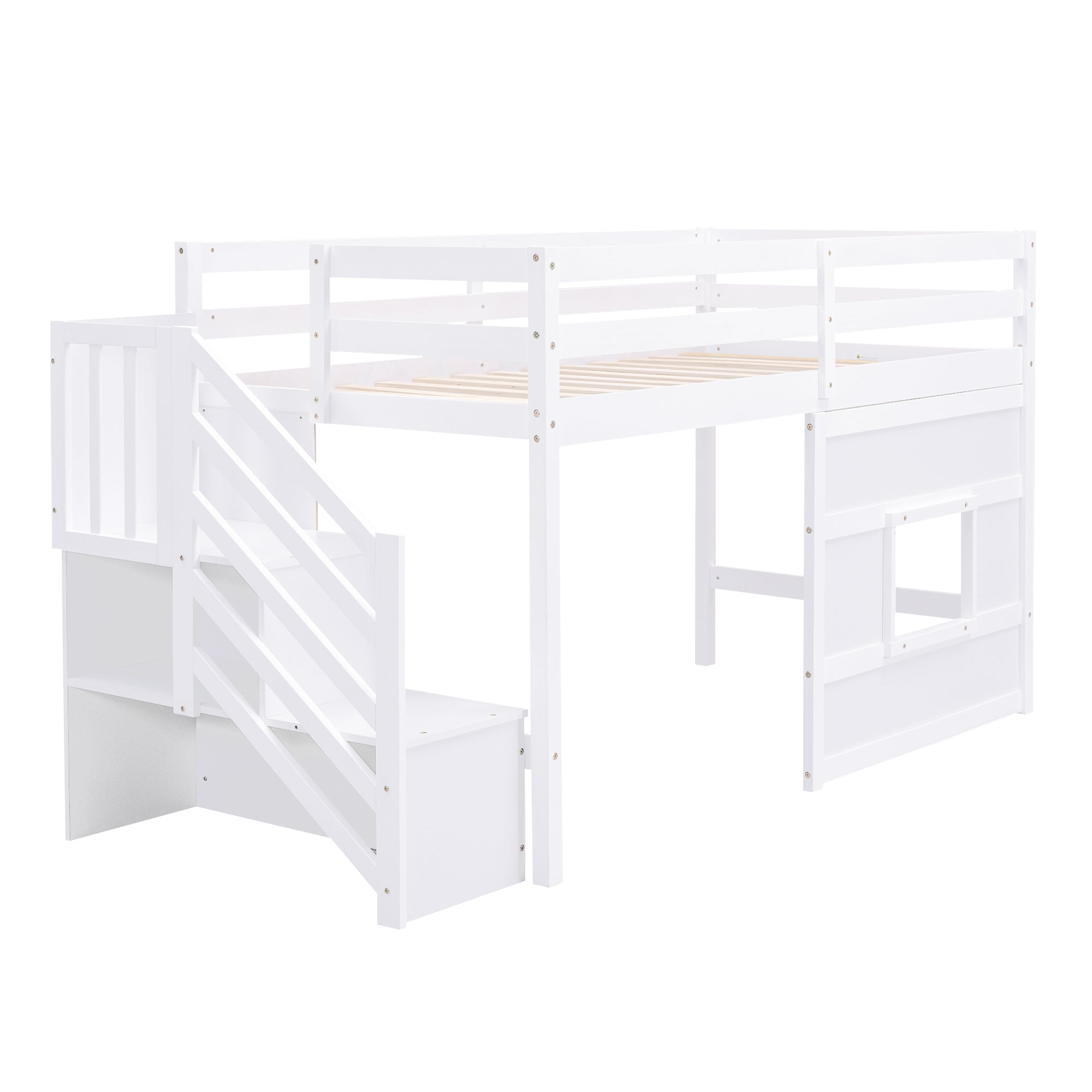 Twin Size Loft Bed with Storage Staircase and Window, White