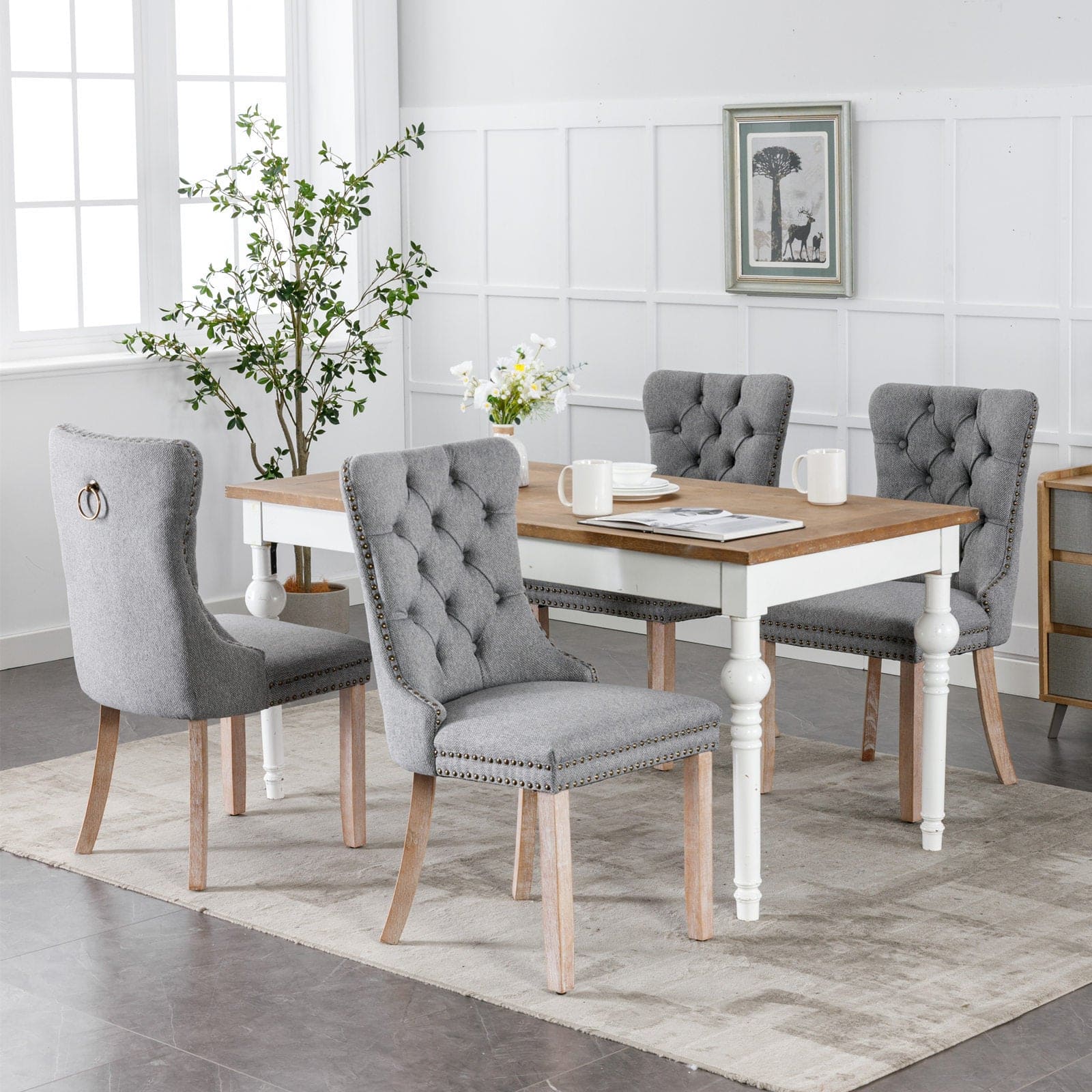 Nikki Collection Modern, High-end Tufted Solid Wood Contemporary Flax Upholstered Linen Dining Chair with Wood Legs Nailhead Trim 2-Pcs Set,Gray, SW6801GY