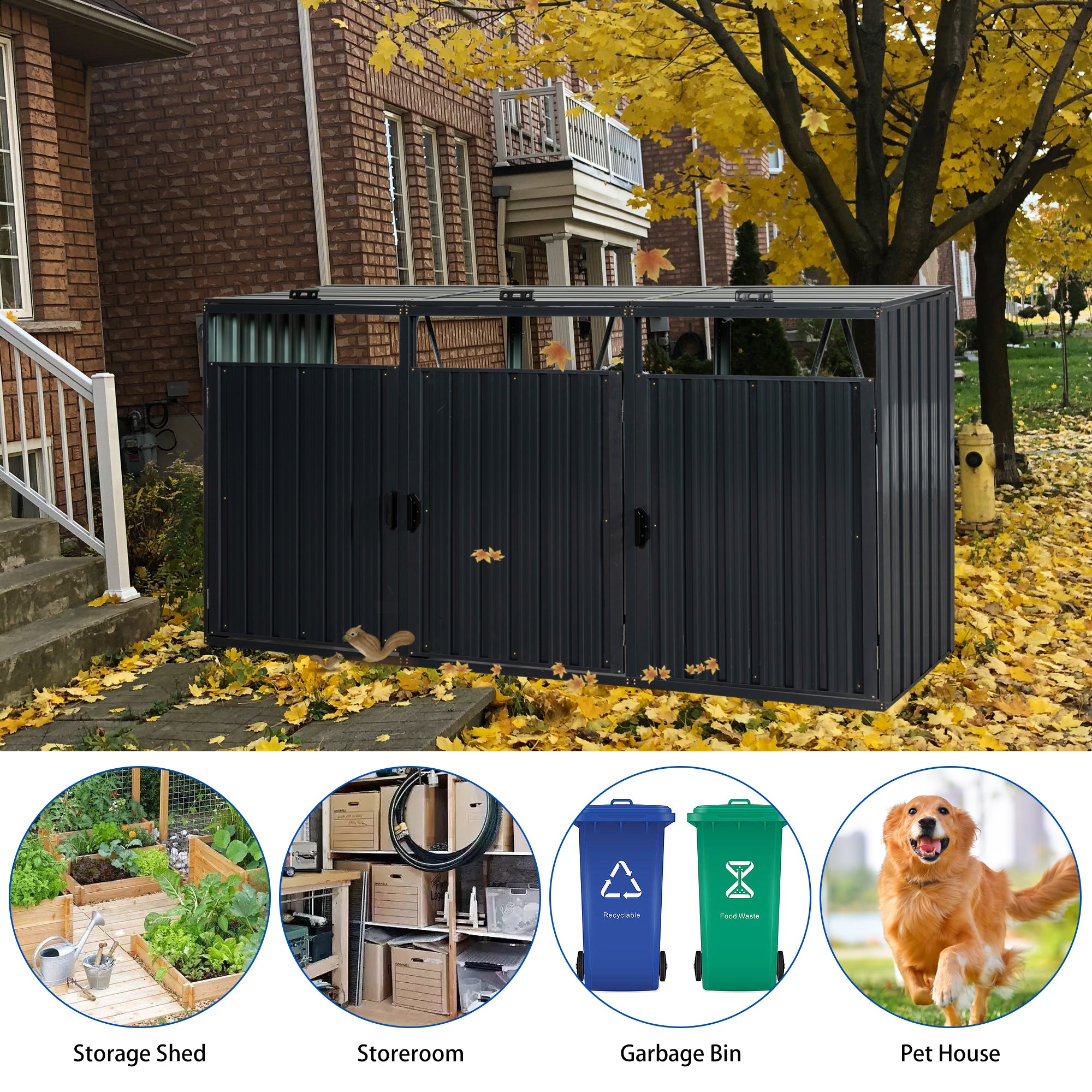 Garbage Bin Shed Stores 3 Trash Cans Metal Outdoor Bin Shed for Garbage Storage,Stainless Galvanized Steel, Bin Shed for Garden Yard Lawn W540S00009