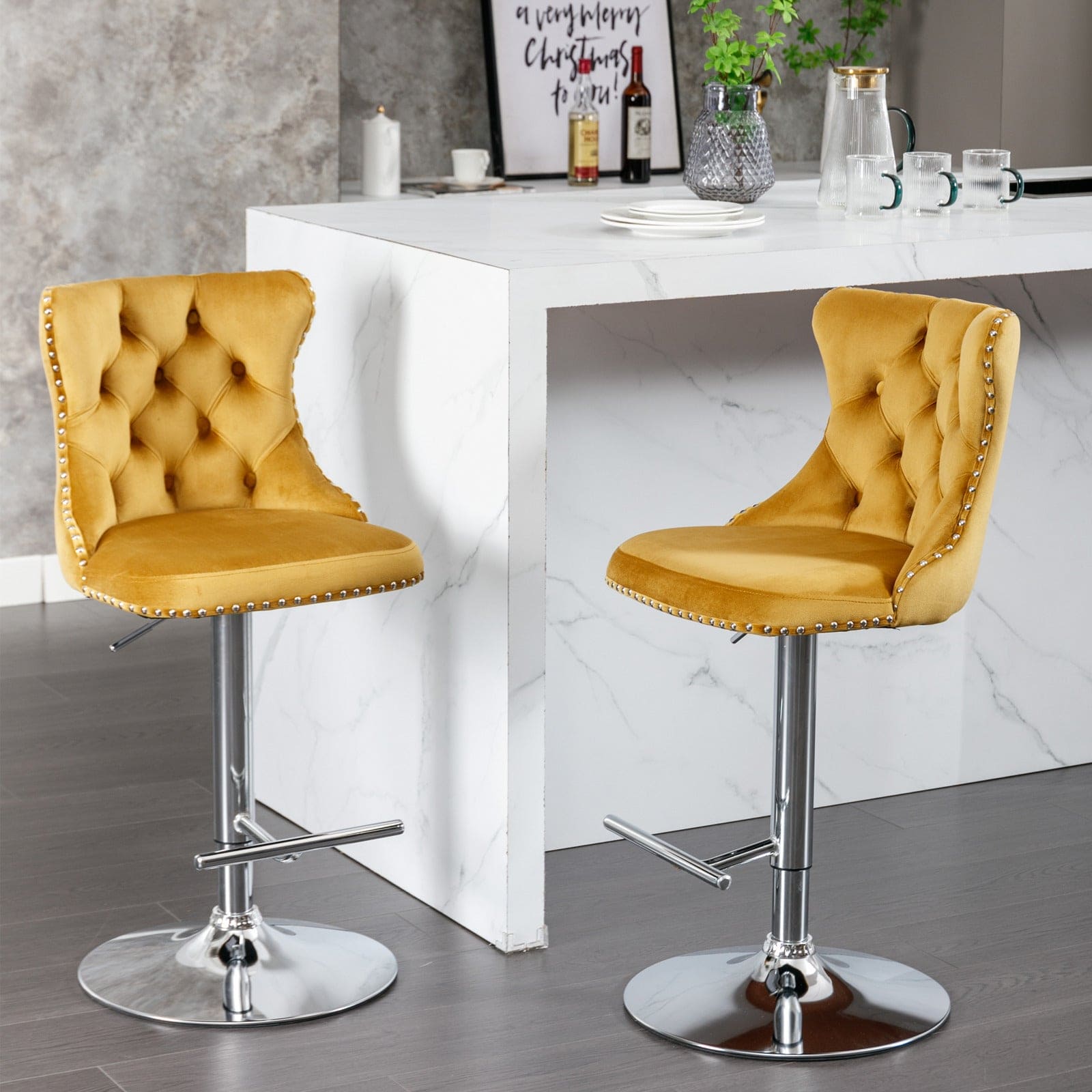 A&A Furniture,Swivel Velvet Barstools Gold,Set of 2