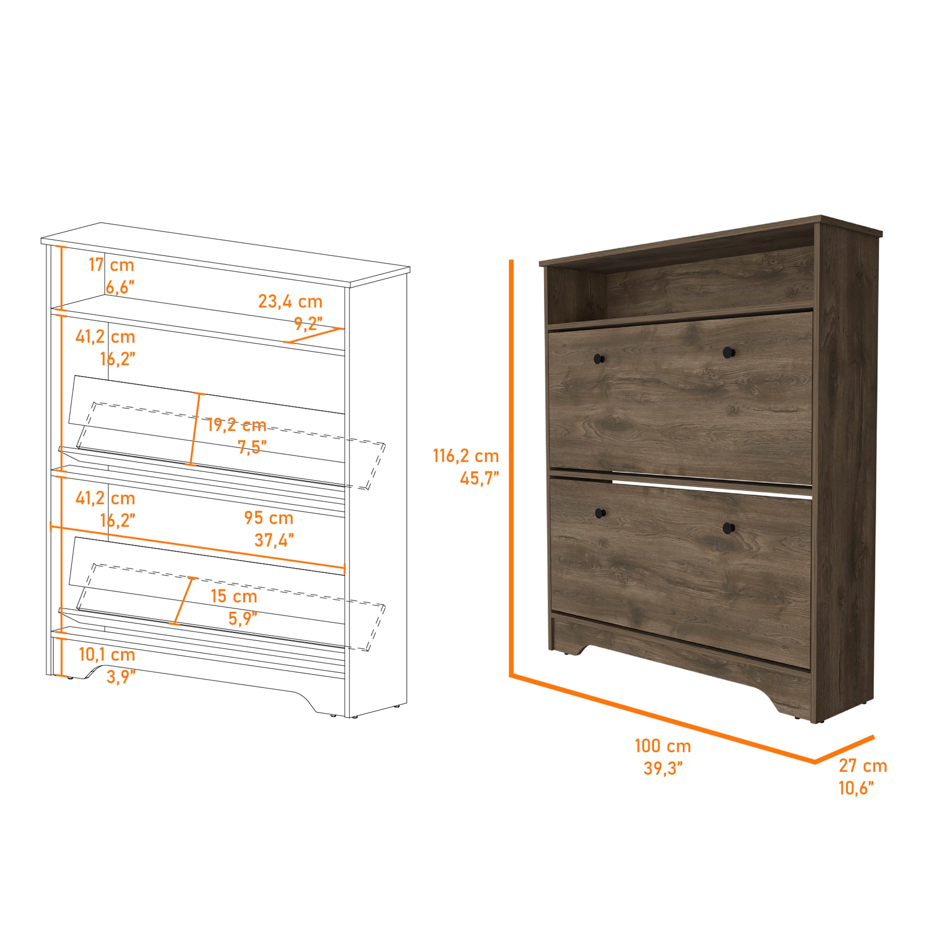 Shoe Rack Dublin, One Open Shelf, Two Extendable Cabinets, Dark Brown Finish