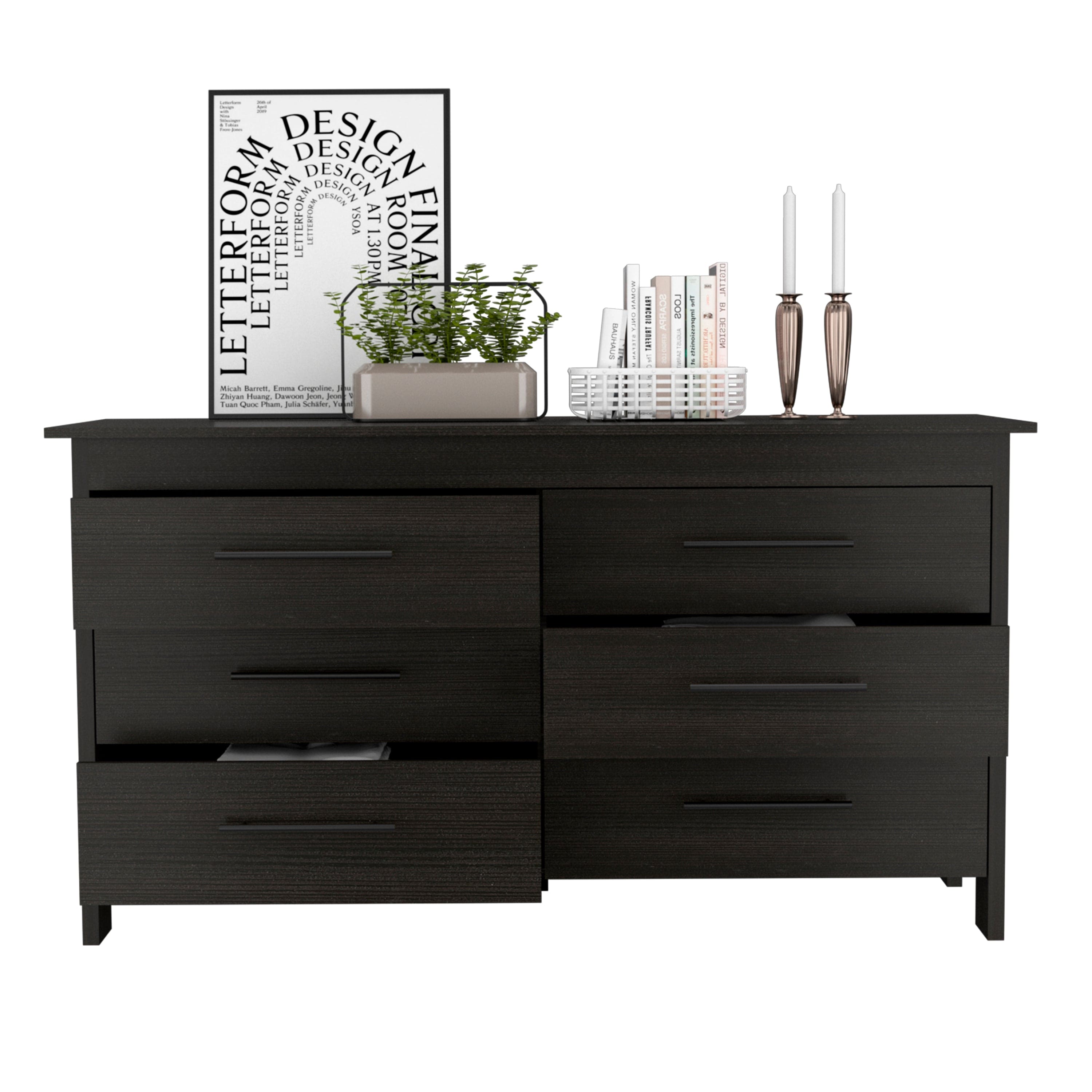 Hms 6 Drawer Double Dresser, Four Legs, Superior Top -Black