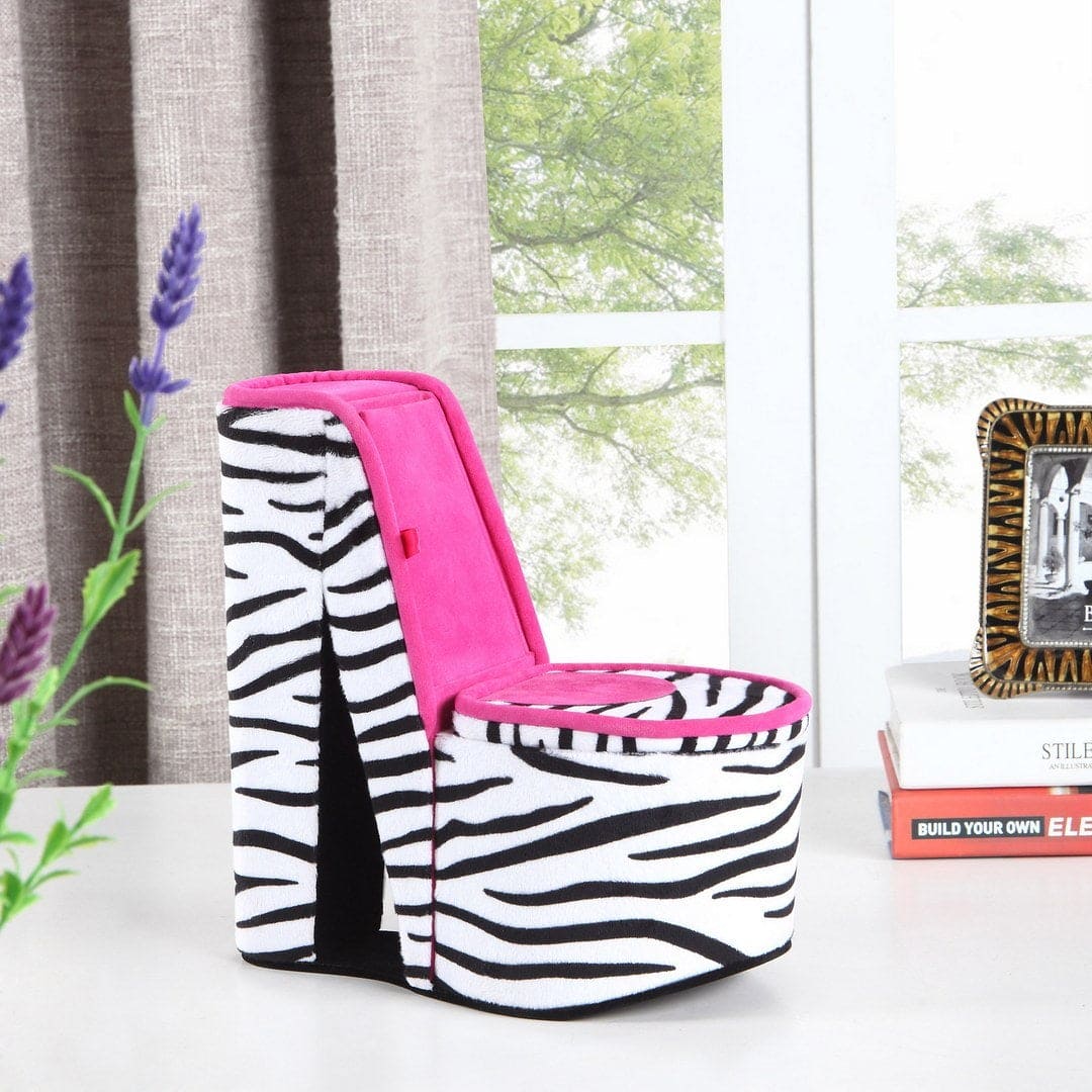 9" Tall Display Jewelry Box with Hidden Storage, High Heel Shoe Design, Zebra Print