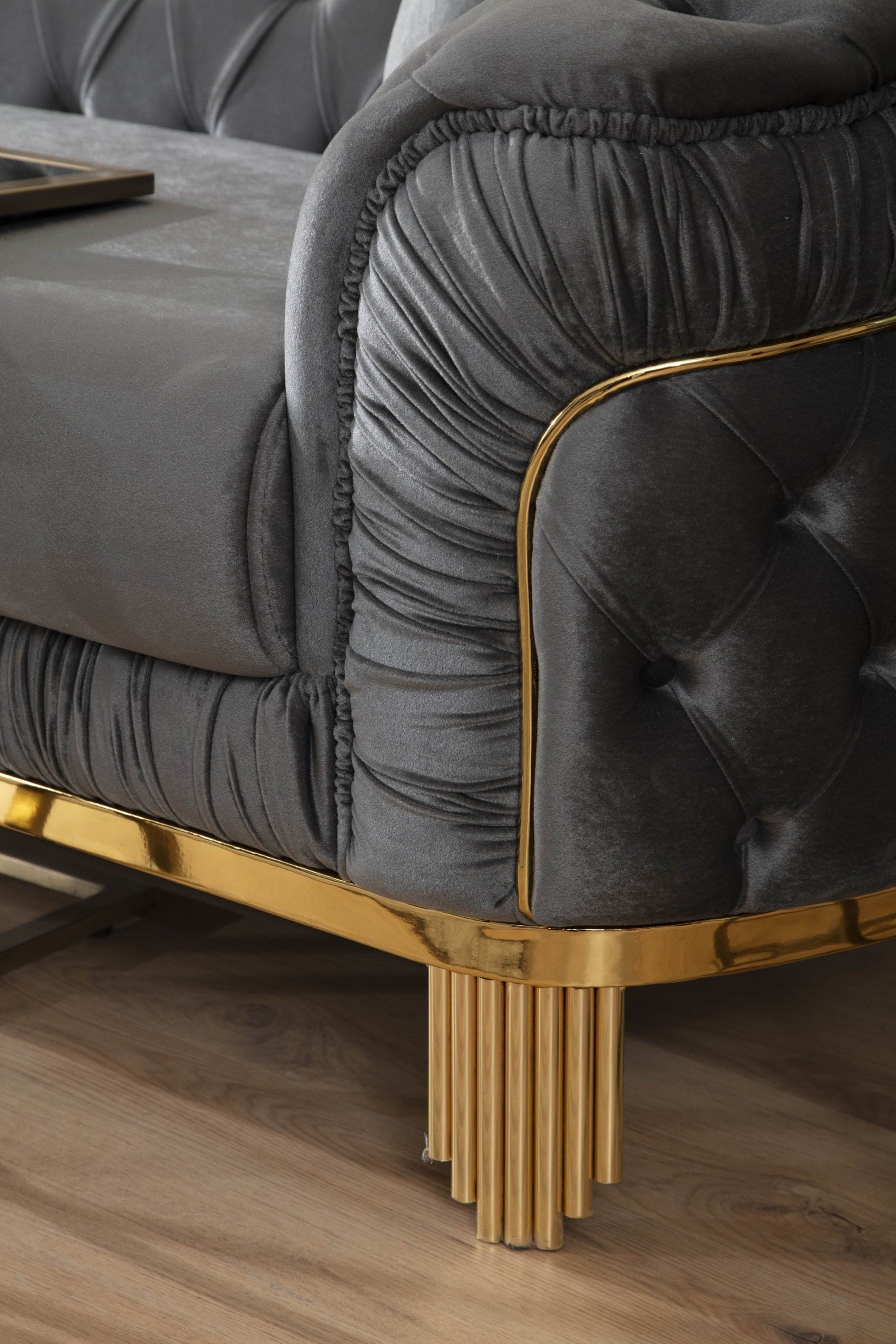 Vanessa Loveseat in Grey and Gold with Fabric button-tufted velvet upholstery Finish