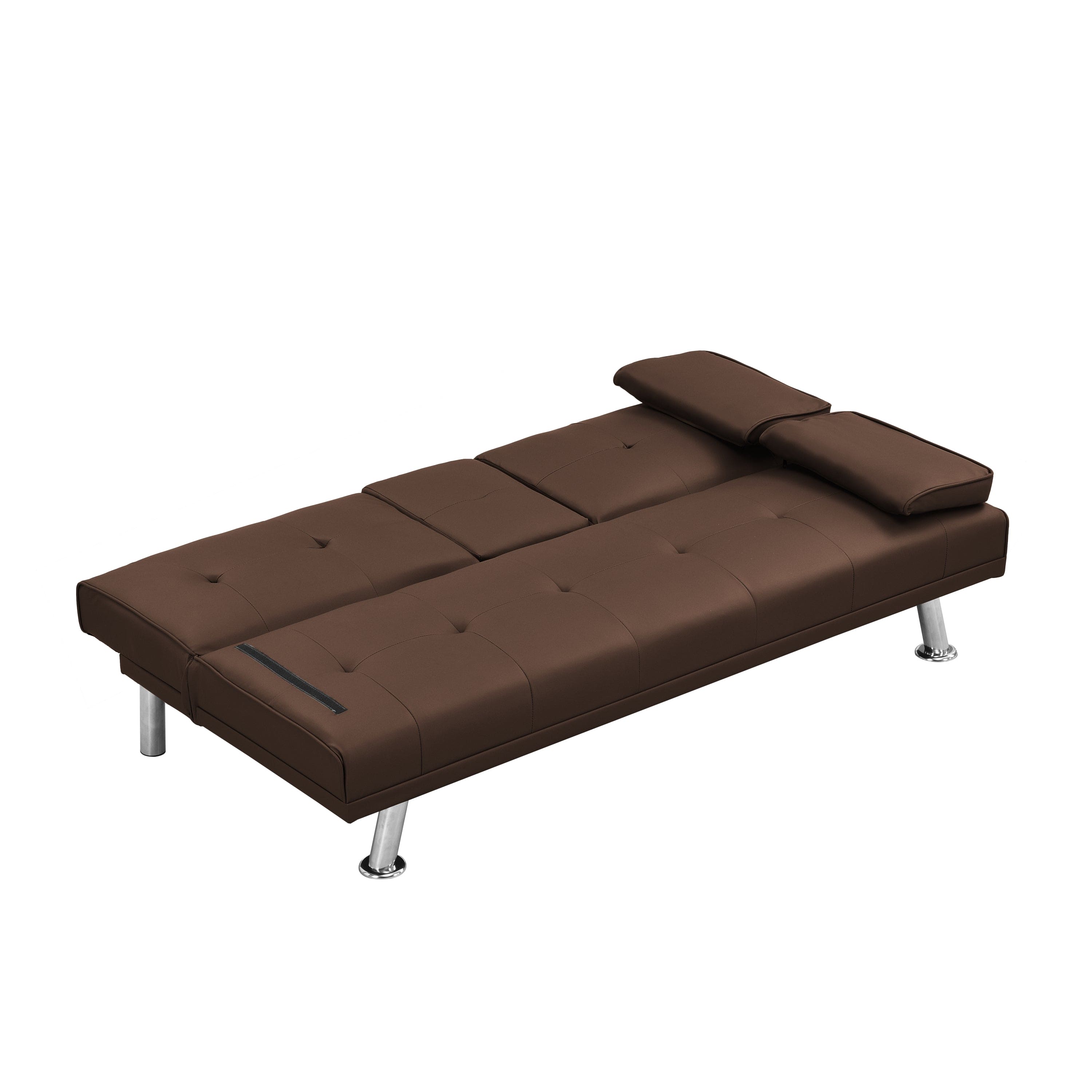 Sofa Bed with Armrest two holders  WOOD FRAME, STAINLESS LEG, FUTON BROWN  PVC