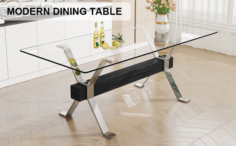 Dining table. Modern tempered glass dining table. Large modern office desk with silver plated metal legs and MDF crossbars, suitable for both home and office use. Kitchen. 79 ''x39''x30 '' 1105