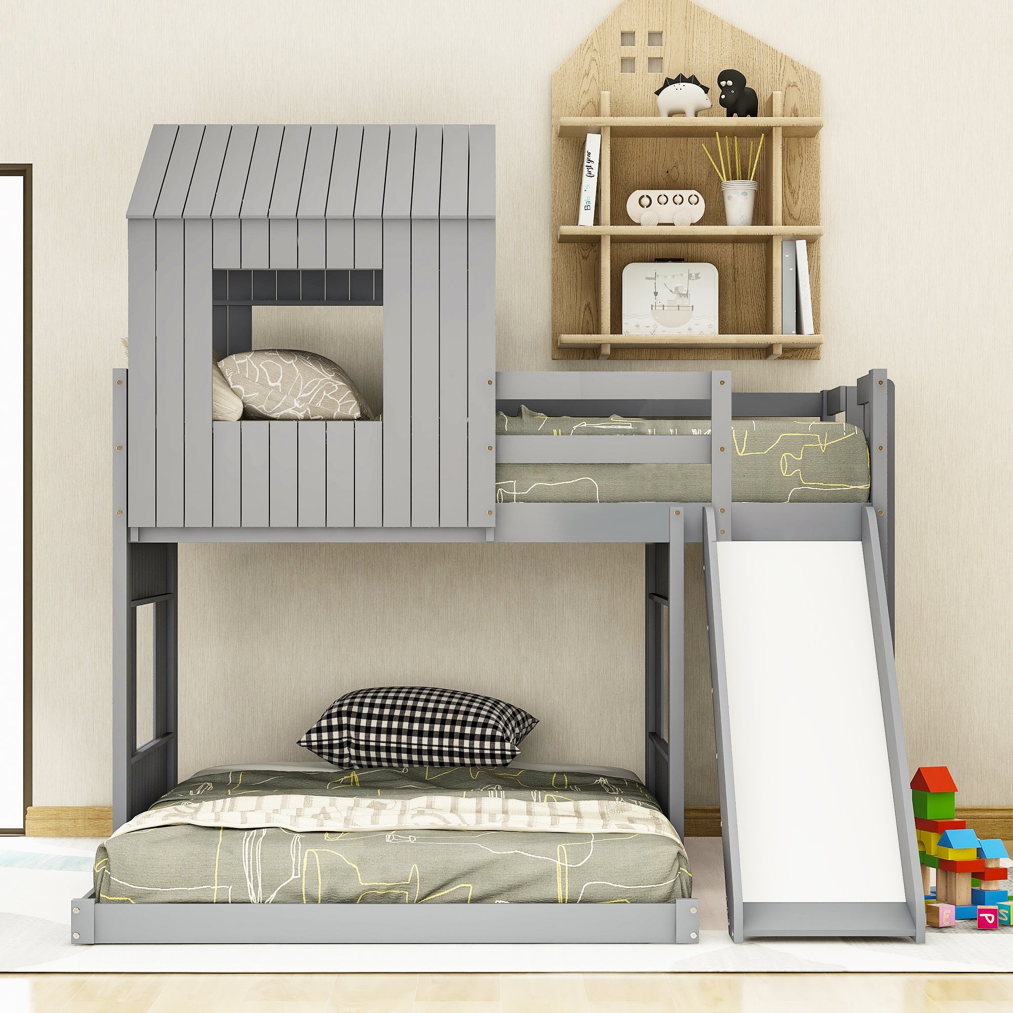 Wooden Twin Over Full Bunk Bed, Loft Bed with Playhouse, Farmhouse, Ladder, Slide and Guardrails, Gray(OLD SKU :LT000028AAN)