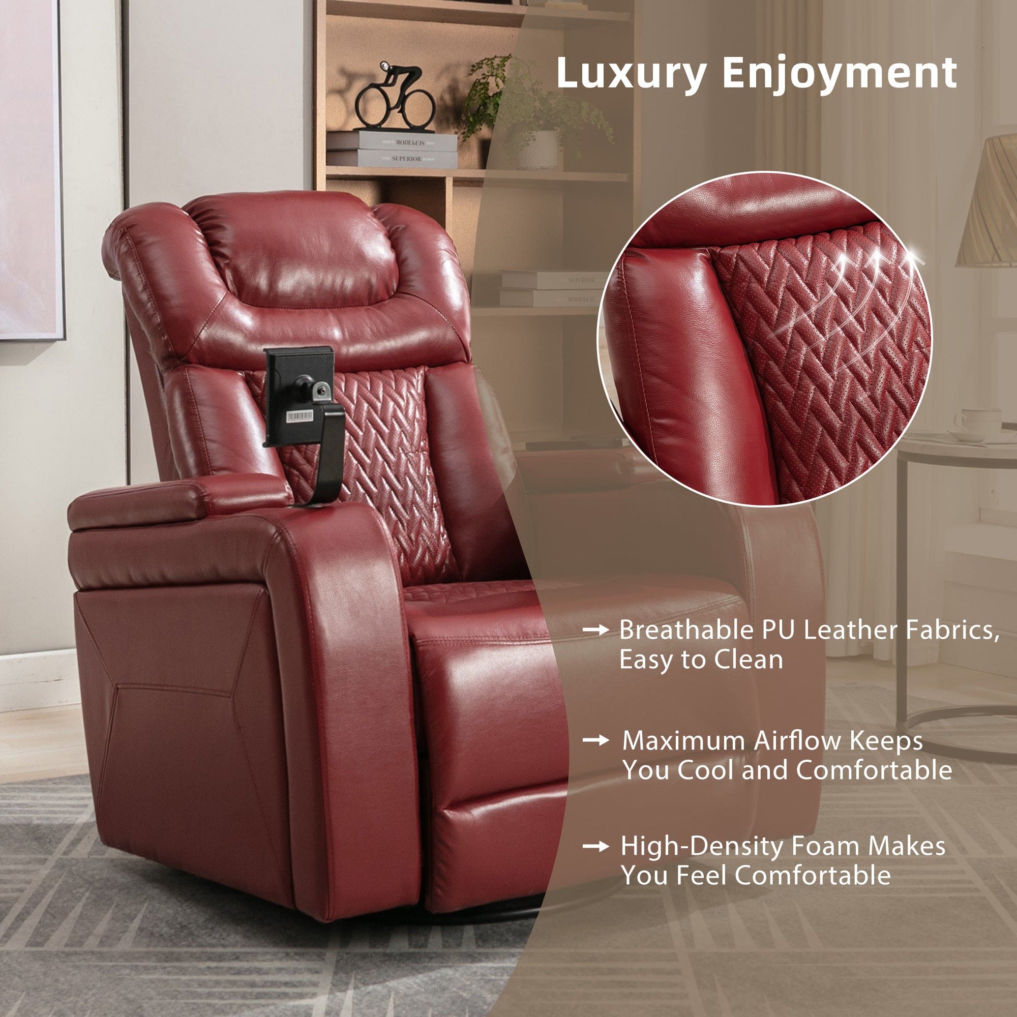 270 Degree Swivel PU Leather Power Recliner Individual Seat Home Theater Recliner with  Comforable Backrest, Tray Table,  Phone Holder, Cup Holder,  USB Port, Hidden Arm Storage for Living Room, Red