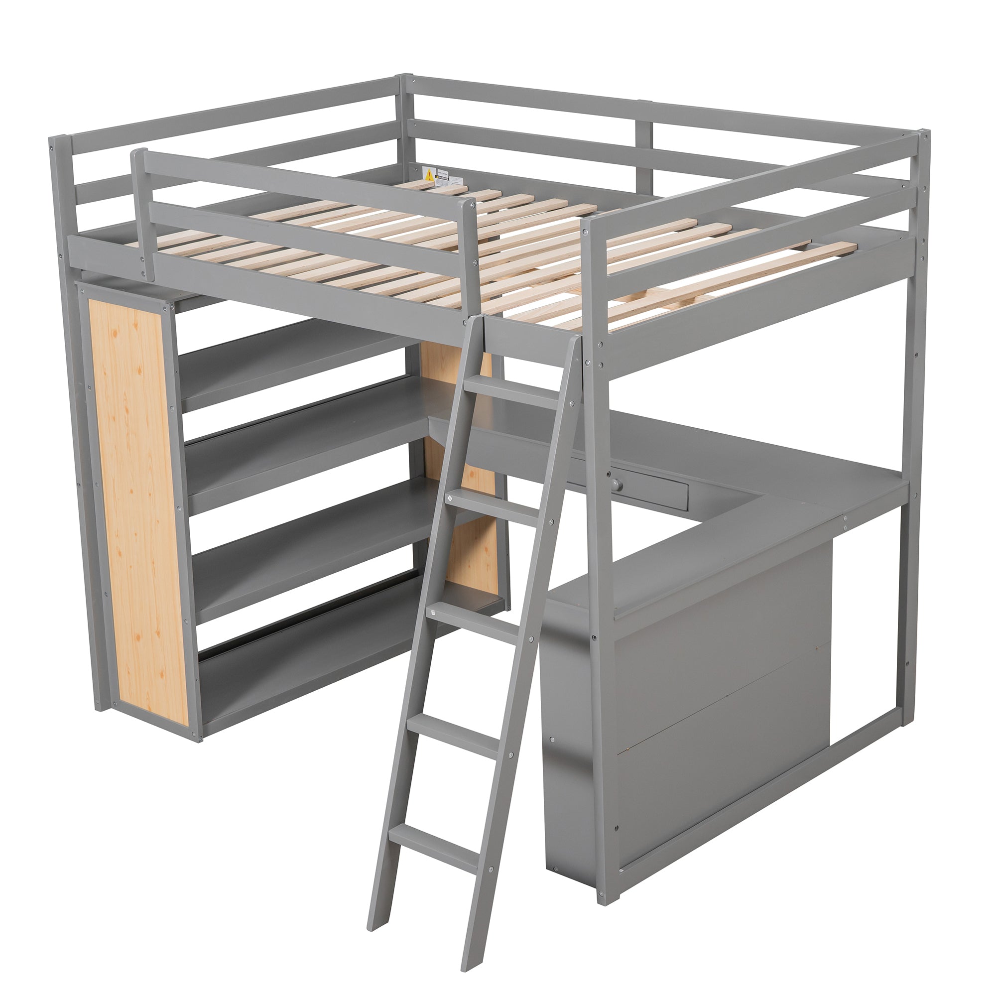 Full Size Loft Bed with Ladder, Shelves, and Desk, Gray(OLD SKU:LT100226AAE)