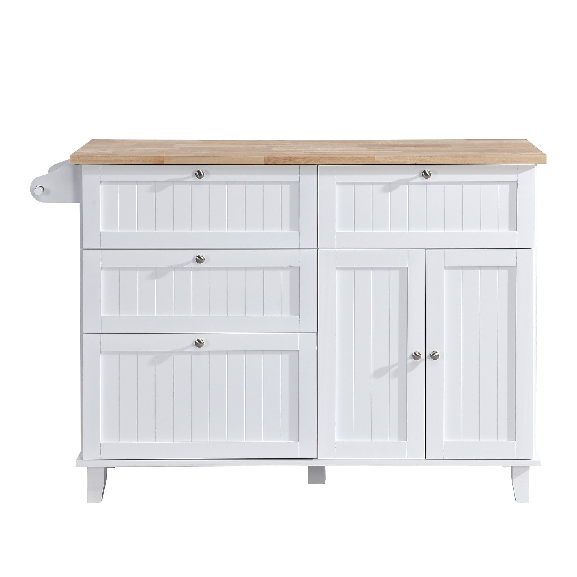 TOPMAX Farmhouse Kitchen Island Set with Drop Leaf and 2 Seatings,Dining Table Set with Storage Cabinet, Drawers and Towel Rack, White+Rustic Brown