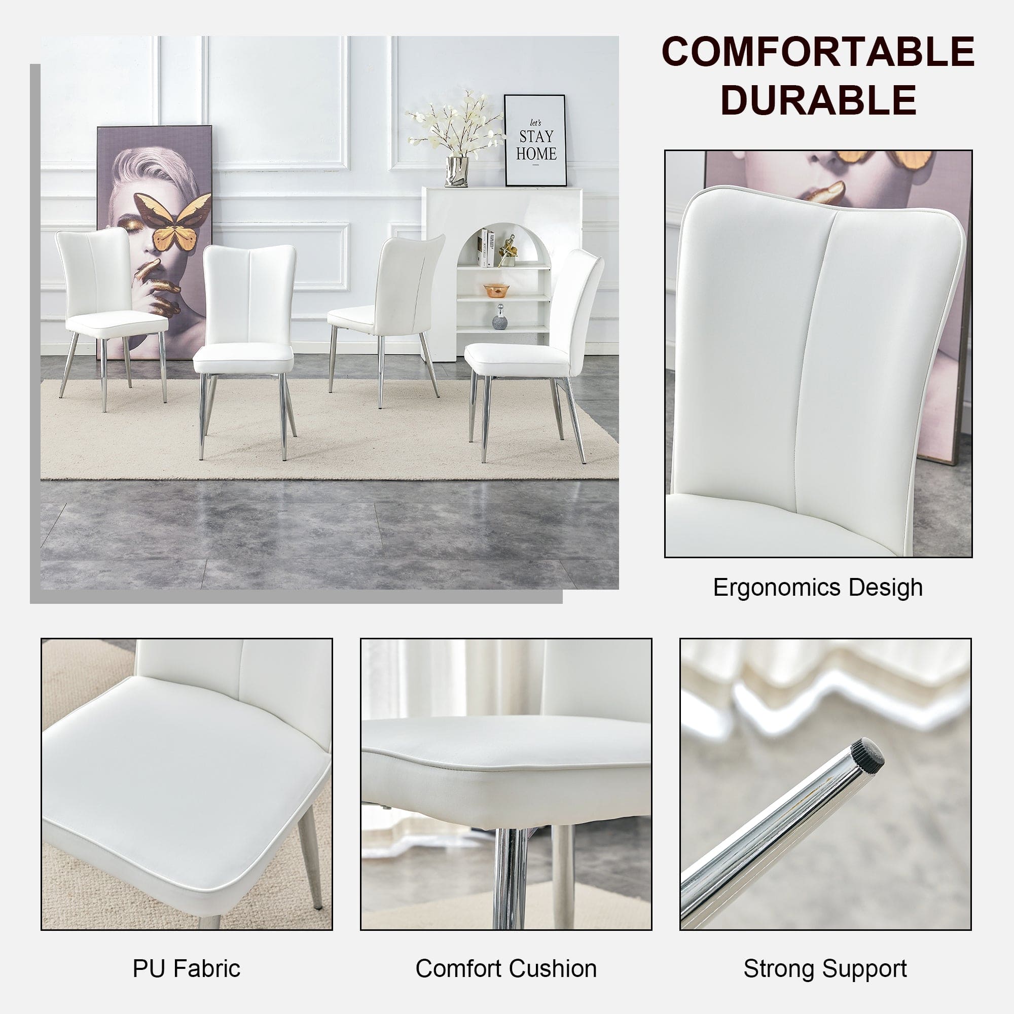 Modern minimalist dining chairs, office chairs. 4-piece set of white PU seats with silver metal legs. Suitable for restaurants, living rooms, and offices. C-008