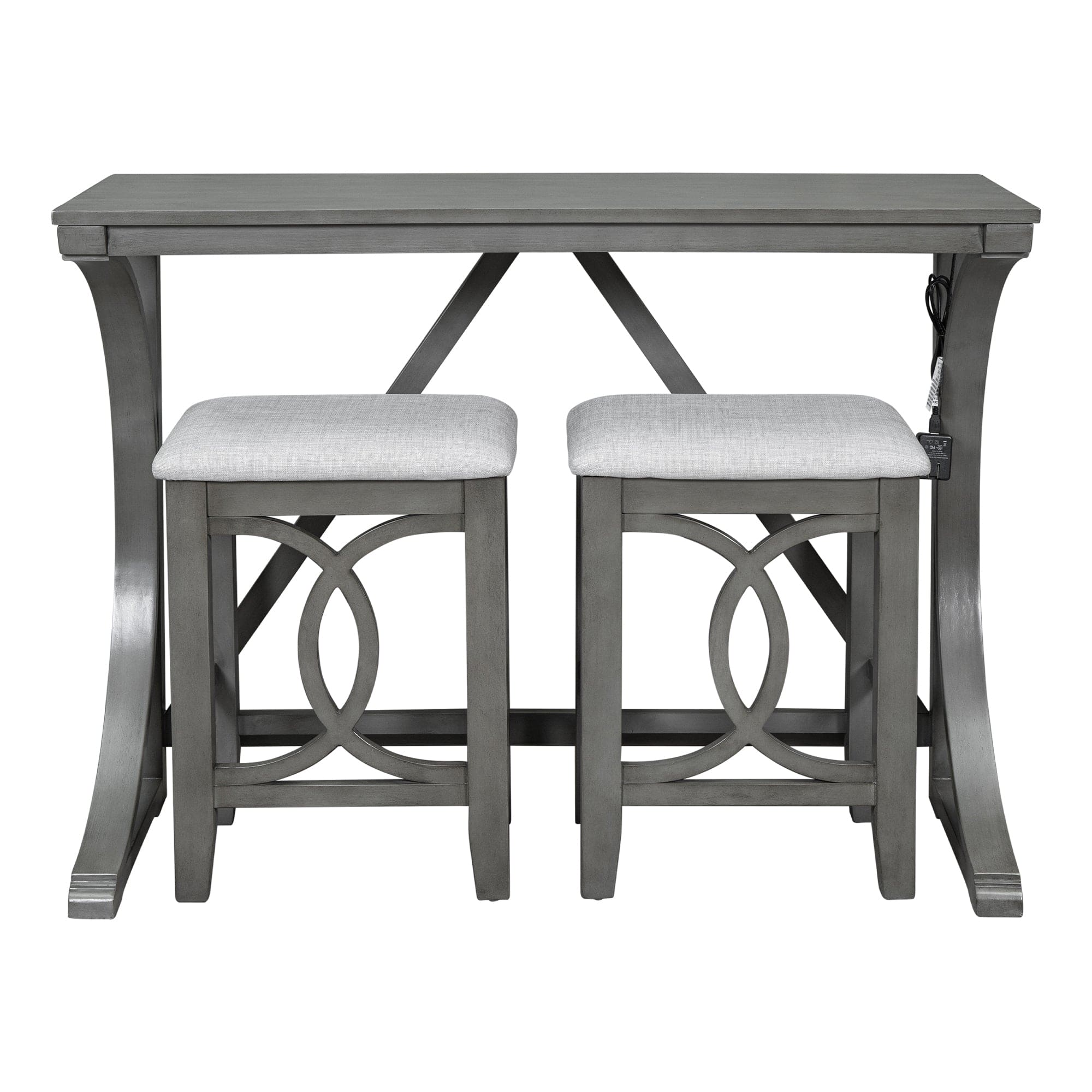 TOPMAX Farmhouse 3-Piece Counter Height Dining Table Set with USB Port and Upholstered Stools,Gray