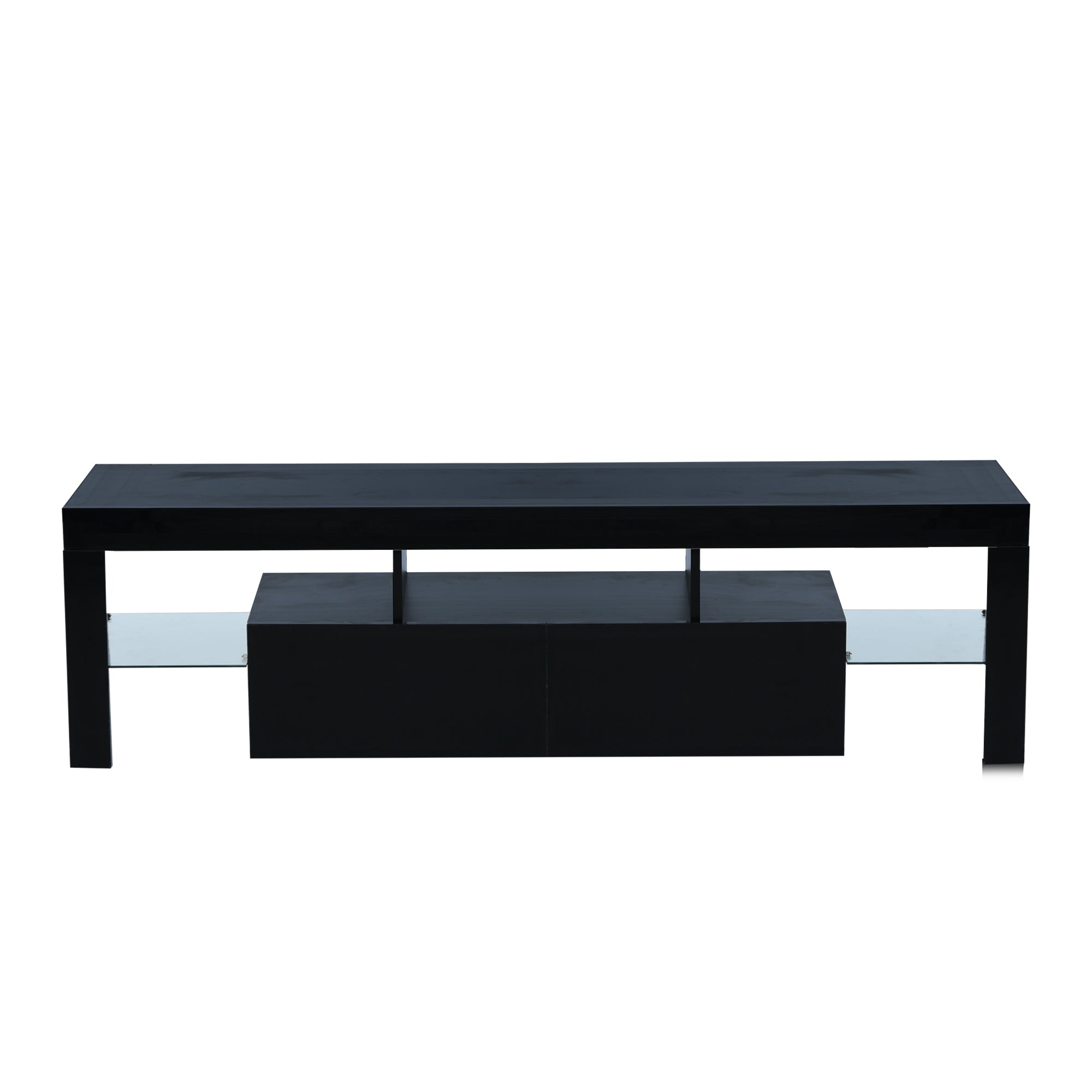 FashionTVstandTVcabinet,EntertainmentCenter,TVstationTV console,media console,with LEDlight belt,light belt remote control,toughenedglassshelf,metal handle,Canbeplaced in the living room,bedroom,black