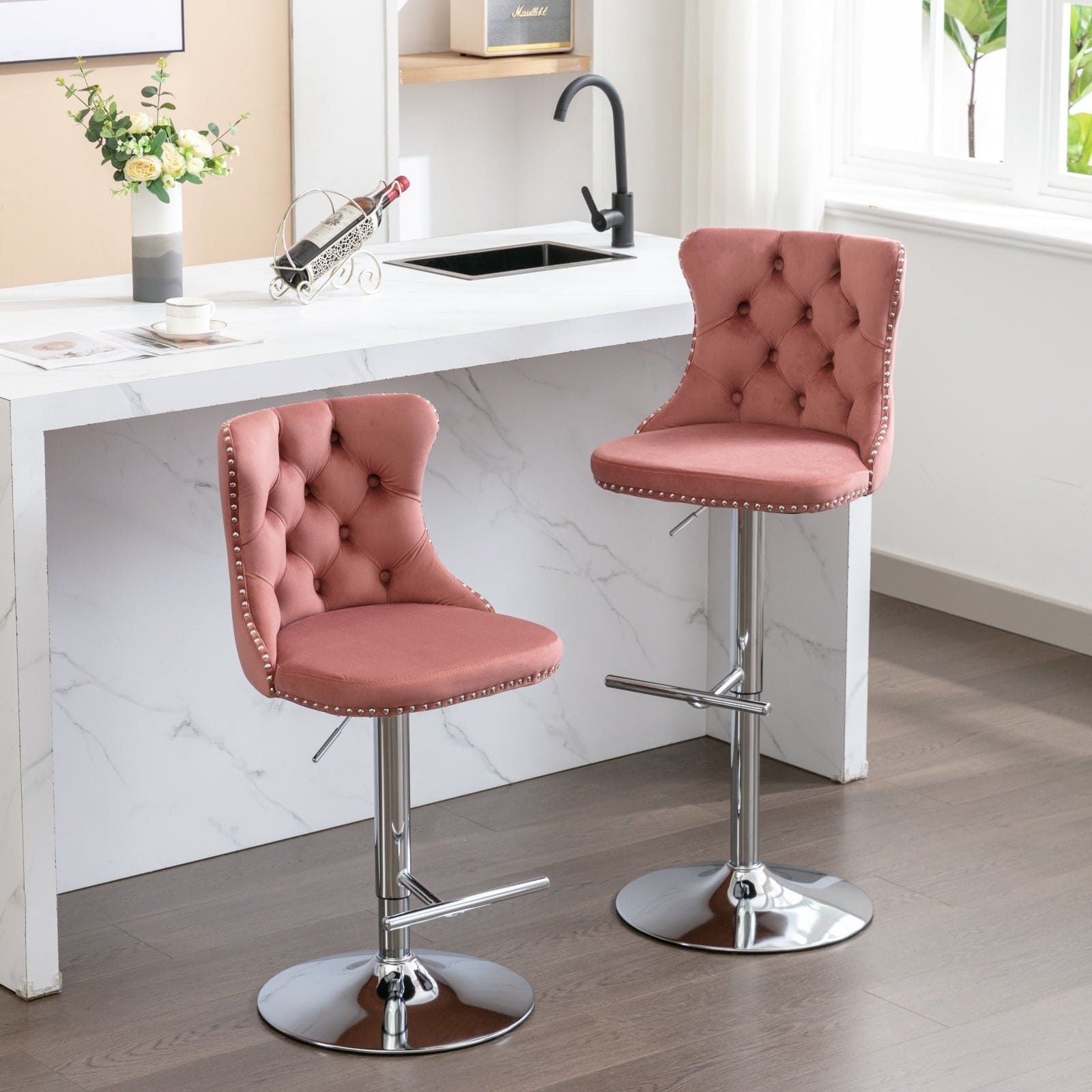 Swivel Velvet Barstools Pink Set of 2