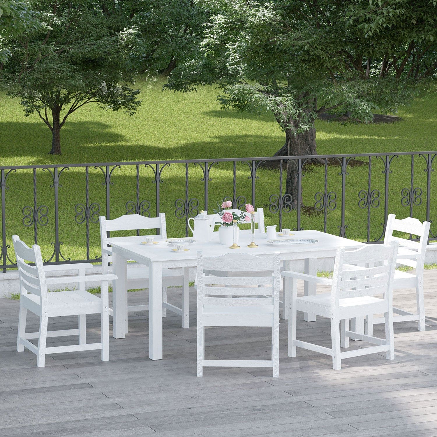 Patio Dining Chair with Armset Set of 2, Pure White with Imitation Wood Grain Wexture,HIPS Material