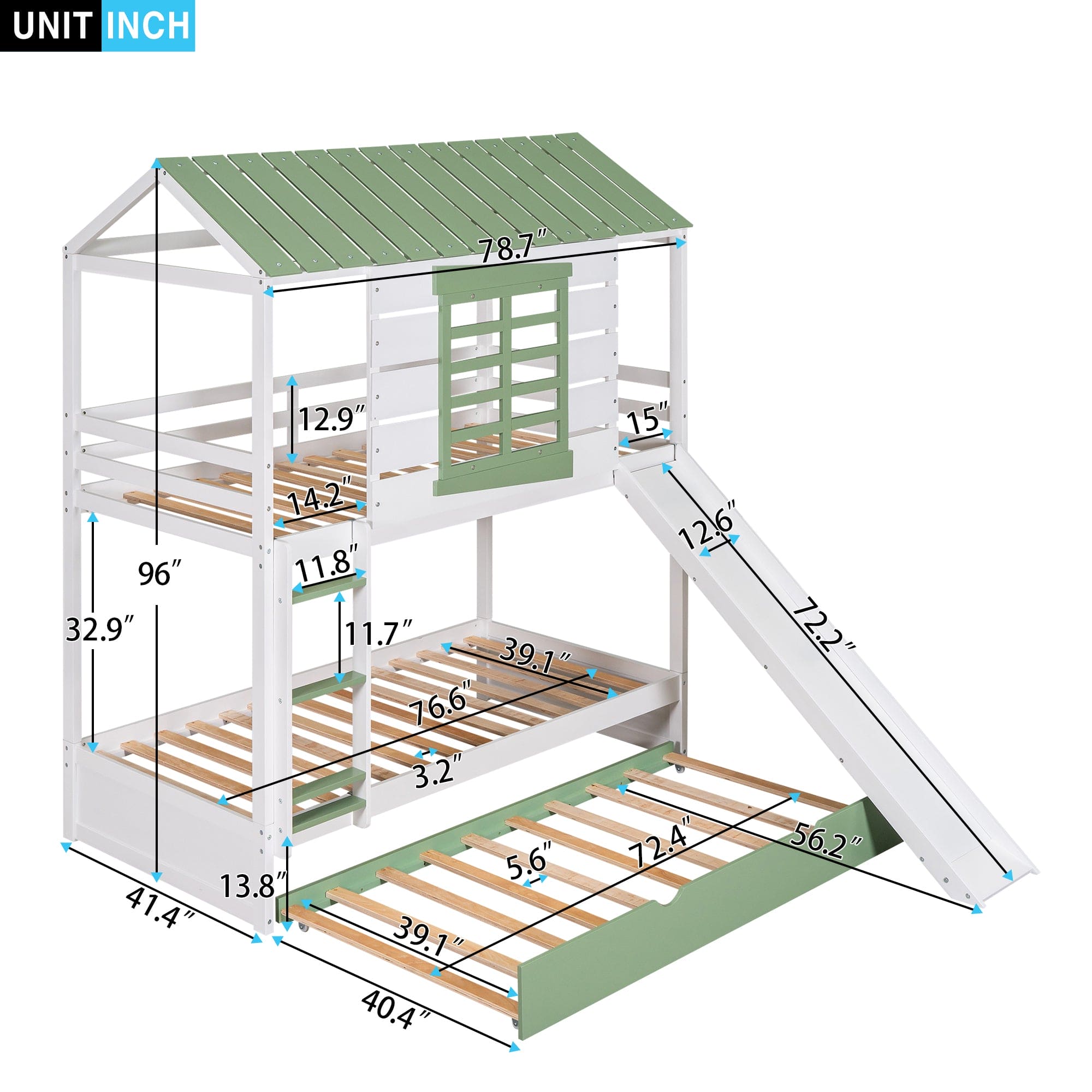 Twin over Twin Size House Bunk Bed with Convertible Slide and Trundle, White+Green