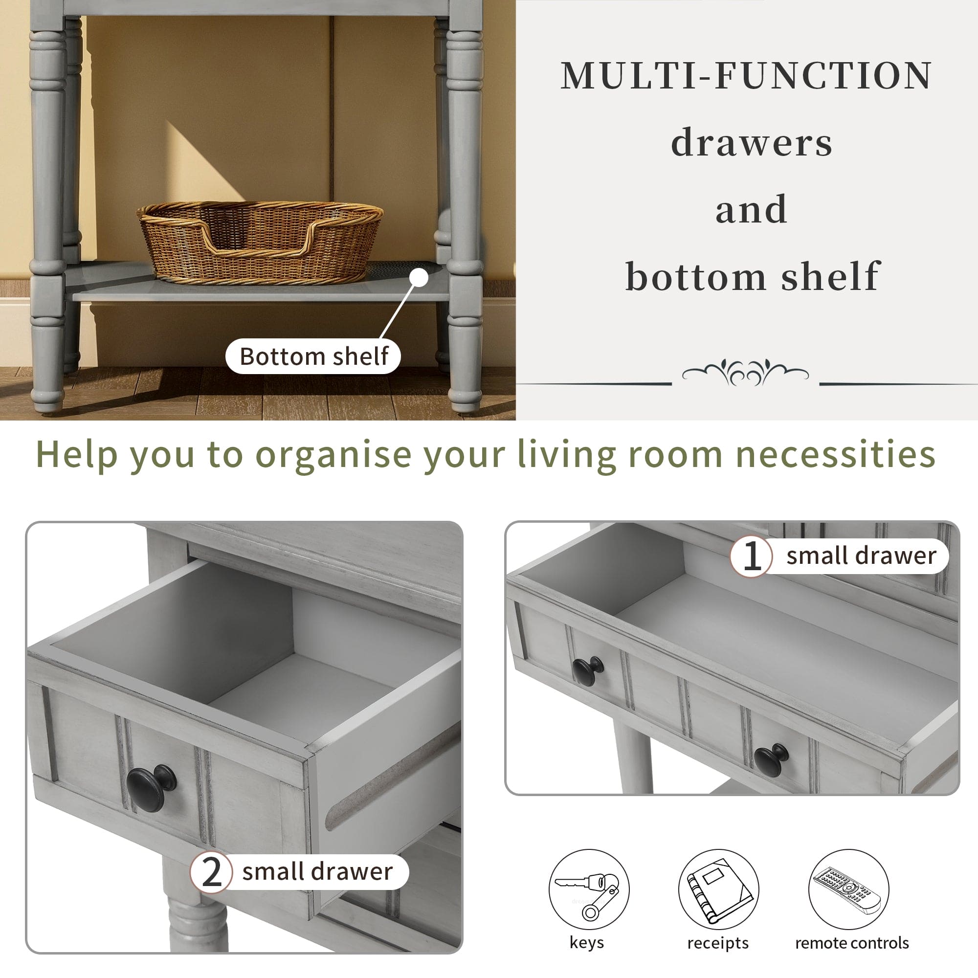 TREXM Narrow Console Table, Slim Sofa Table with Three Storage Drawers and Bottom Shelf for Living Room, Easy Assembly (Gray Wash)