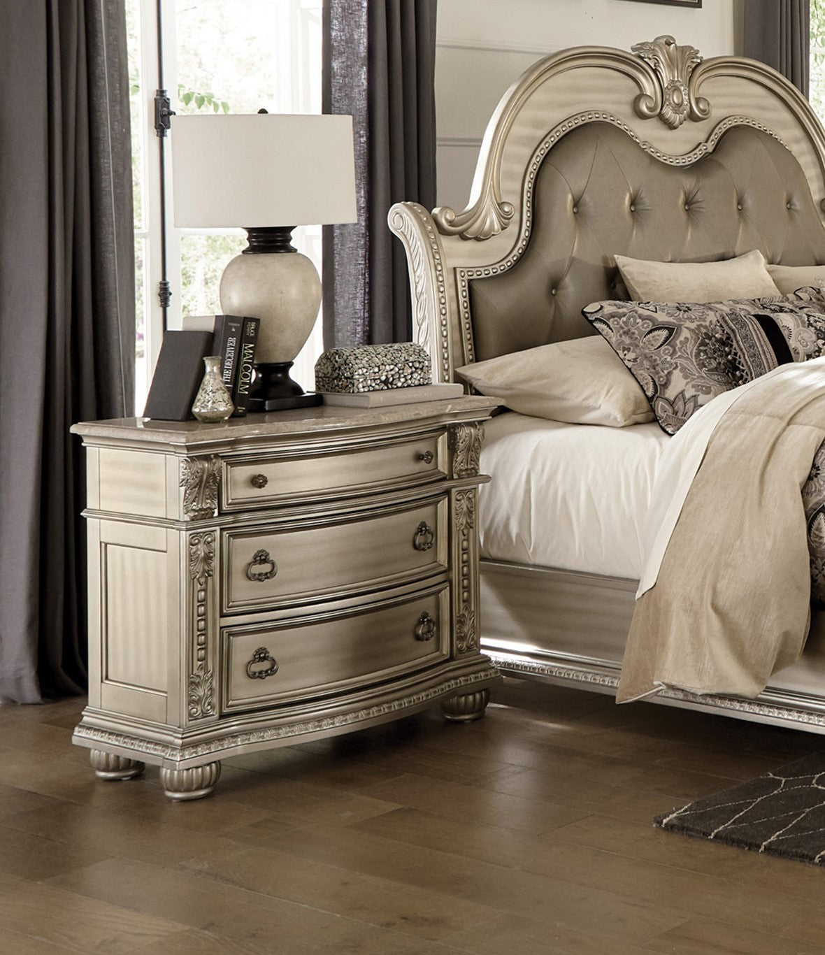 Silver Finish European Design 1pc Nightstand w Genuine Marble Top Traditional Bedroom Furniture