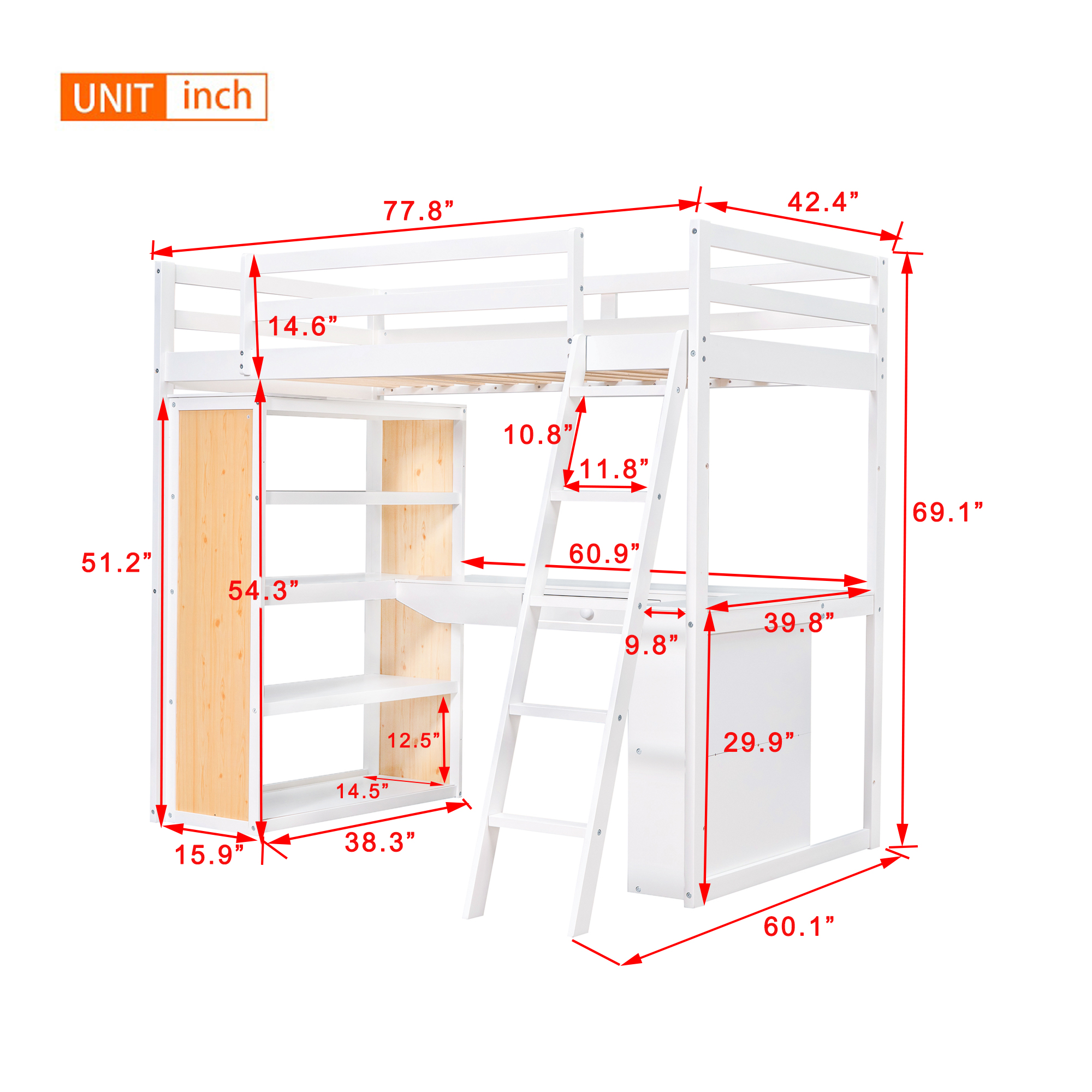 Twin Size Loft Bed with Ladder, Shelves, and Desk, White(OLD SKU:LT100225AAK)