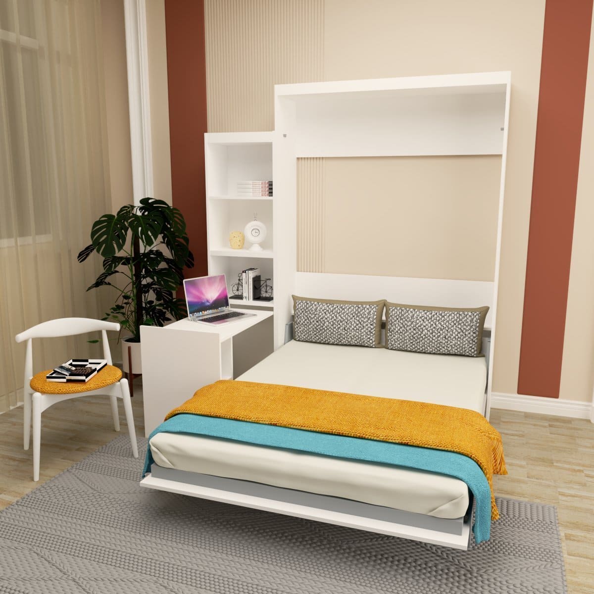 Queen  Size Morden Deisgn Full Size Vertical Murphy Bed with Shelf and Drawers for Bedroom or Guestroom White Wall Bed Space Saving Hidden Bed with New Style Gas Struts