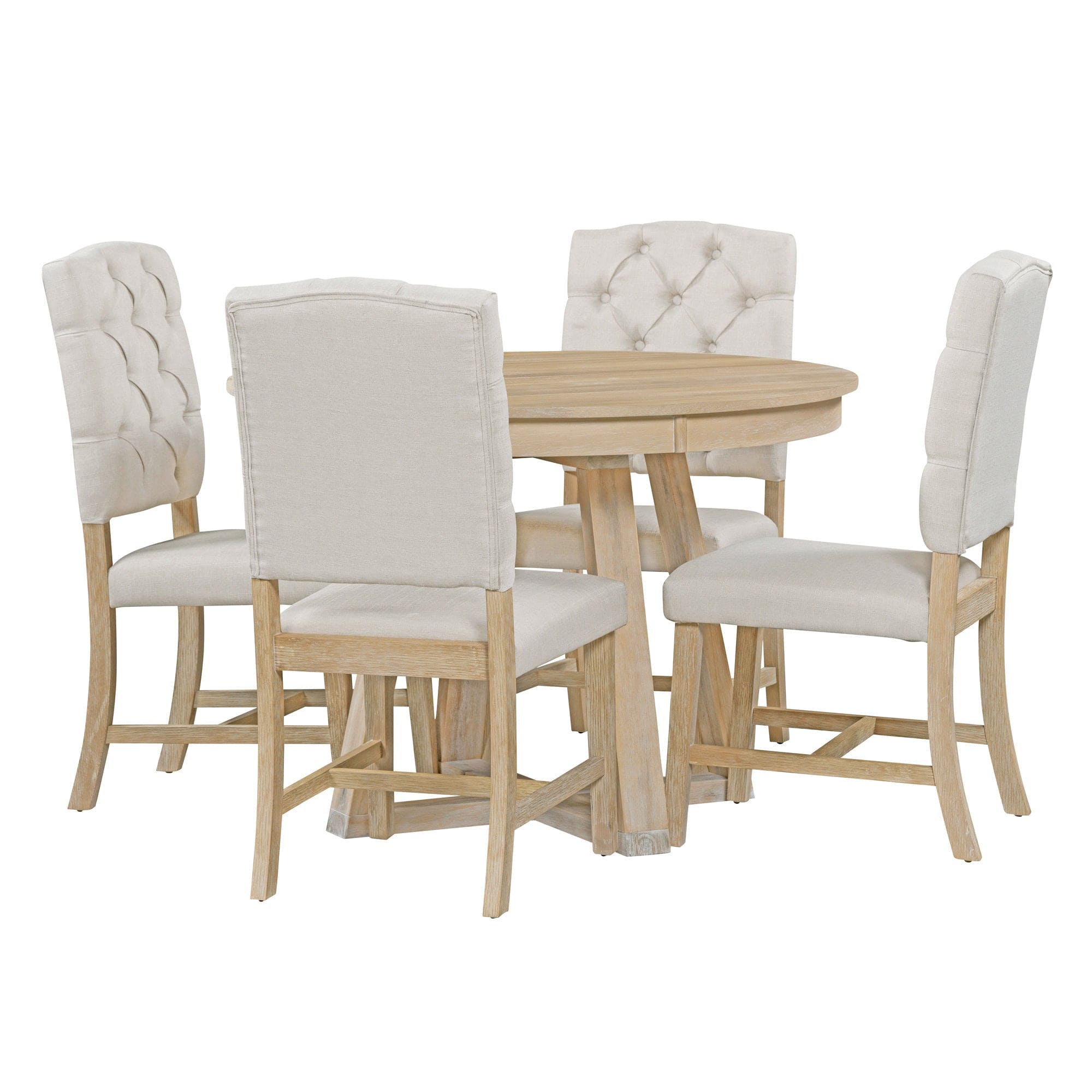 TREXM 5-Piece Retro Functional Dining Set, Round Table with a 16"W Leaf and 4 Upholstered Chairs for Dining Room and Living Room (Natural)