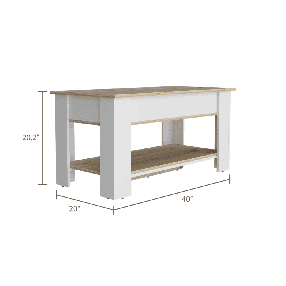 Austin Storage Table, One Extendable Table Shelf, Four Legs, Lower Shelf -Light Oak / White