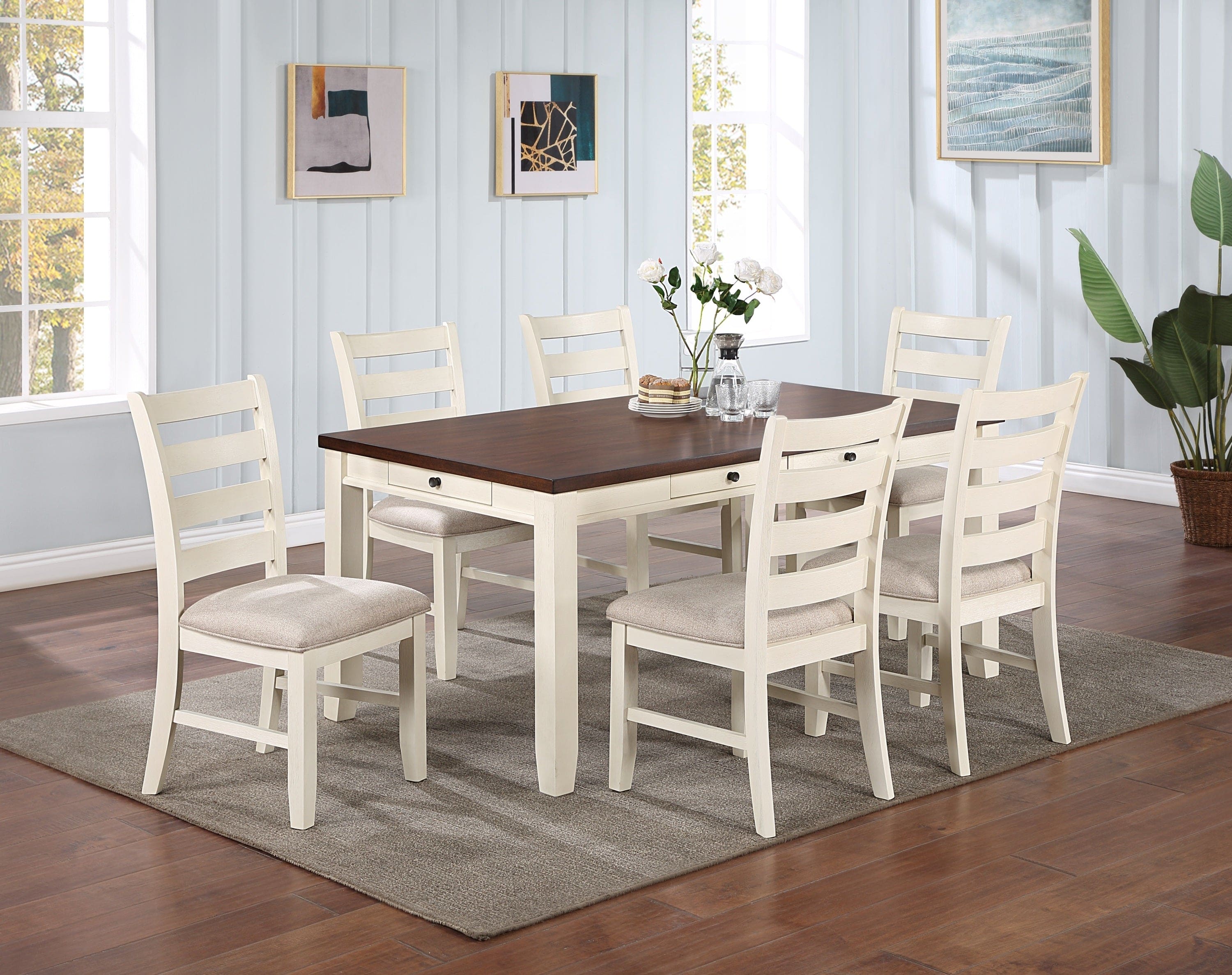 Classic Dining Room Furniture Rectangular Dining Table 1pc Dining Table Only White Rubberwood Walnut Acacia Veneer Table Top w Pull out Drawers