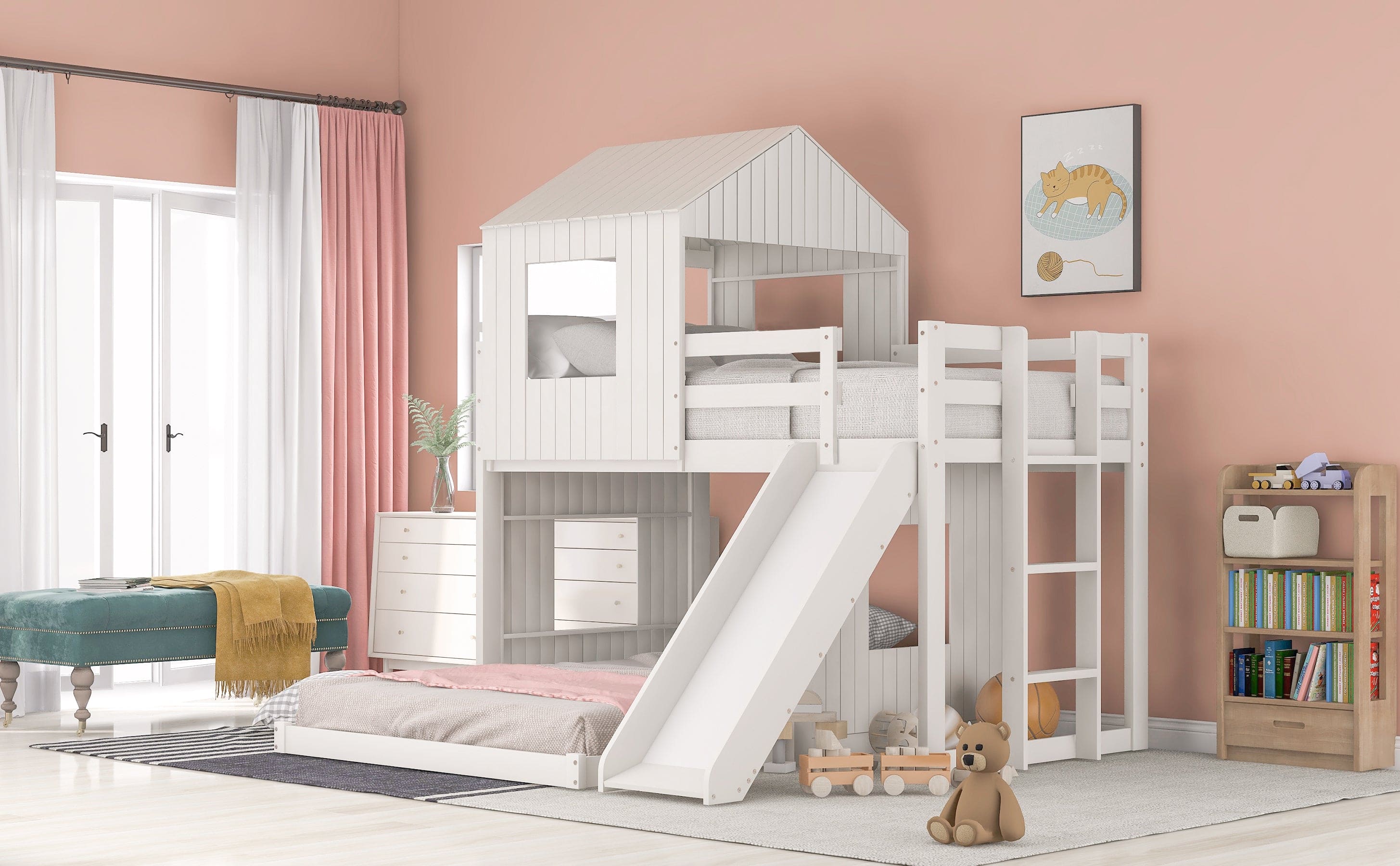 Wooden Twin Over Full Bunk Bed, Loft Bed with Playhouse, Farmhouse, Ladder, Slide and Guardrails, White(OLD SKU :LT000028AAK)