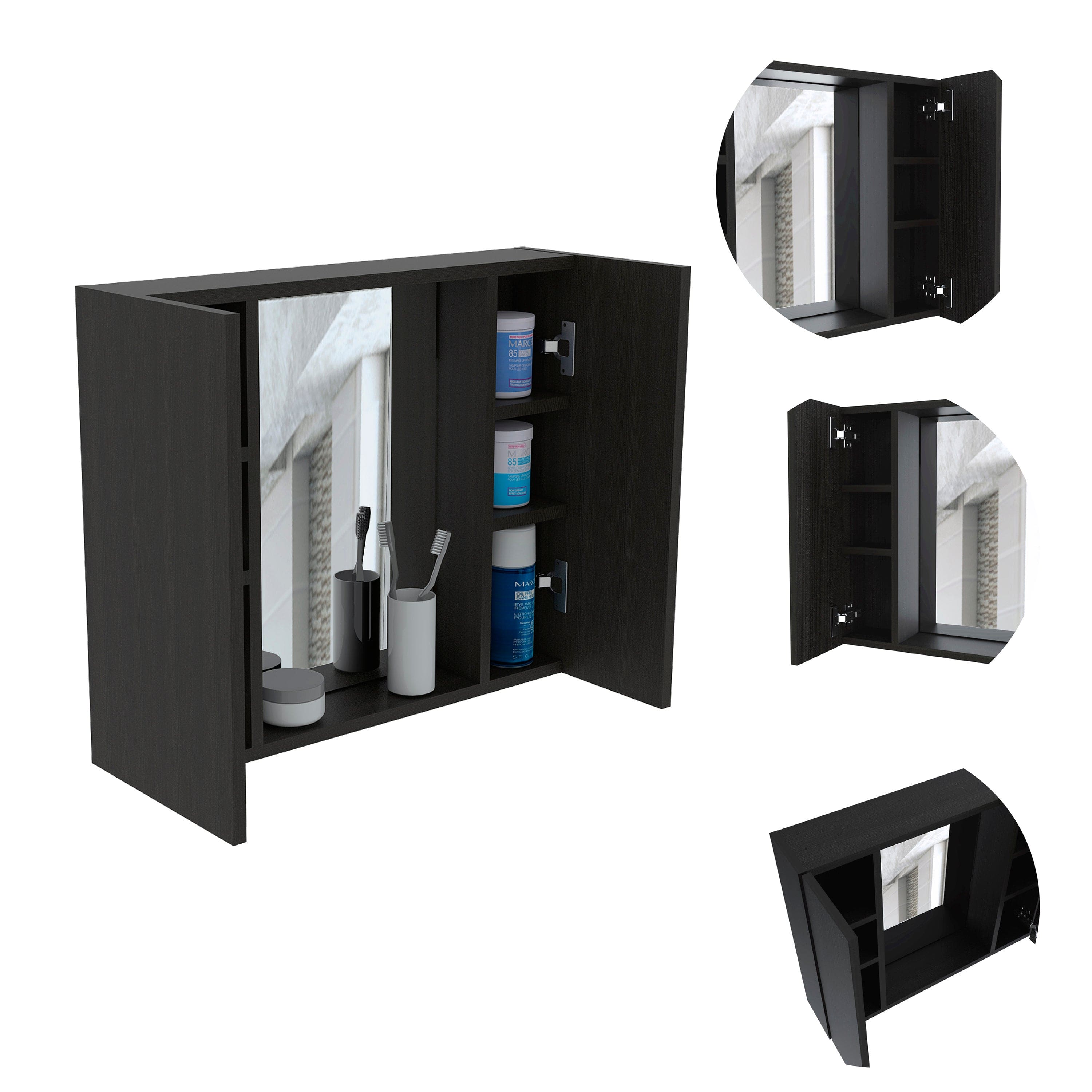 Medicine Cabinet Hops, Double Door, Mirror, One External Shelf, Black Wengue Finish