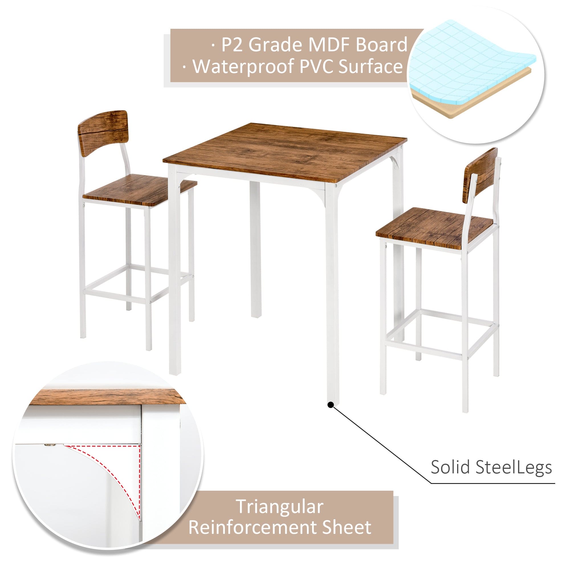 HOMCOM 3 Piece Bar Table Set, Industrial Counter Height Dining Table Set, Bar Table & Chairs with Steel Legs & Footrests, White