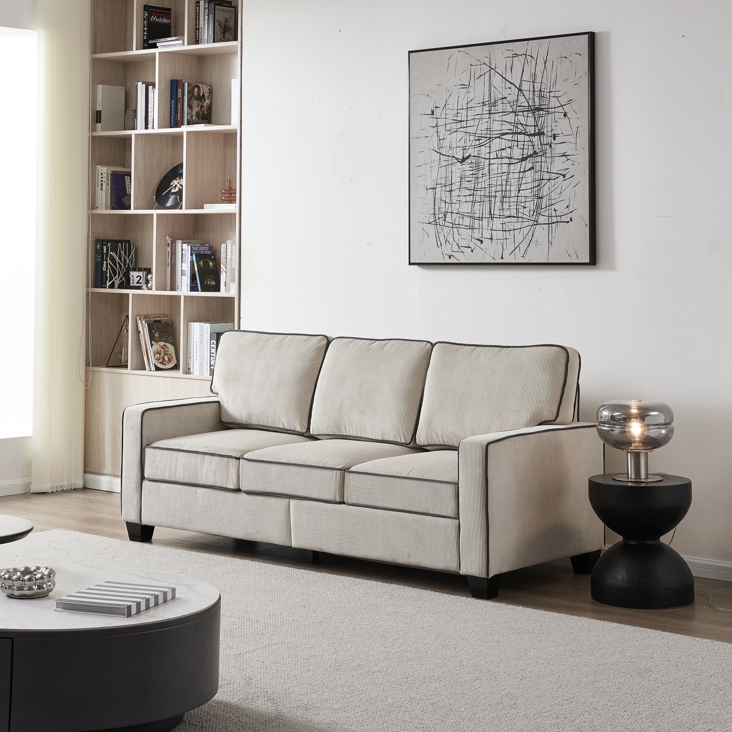 Living Room Sofa with Storage Beige Corduroy