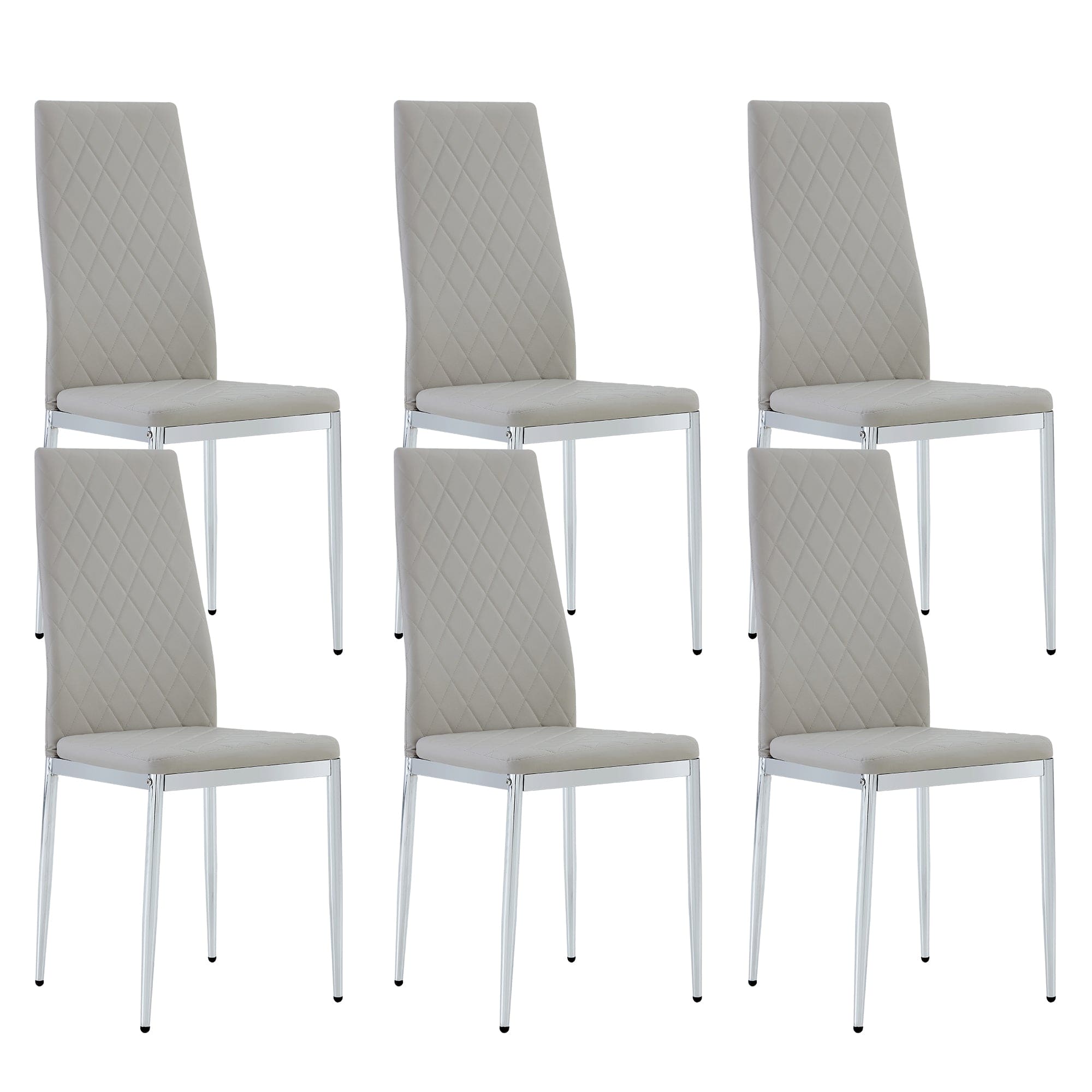 Grid armless high backrest dining chair, 6-piece set, office chair. Suitable for restaurants, living rooms, kitchens, and offices. Light gray chairs and electroplated metal legs  0924