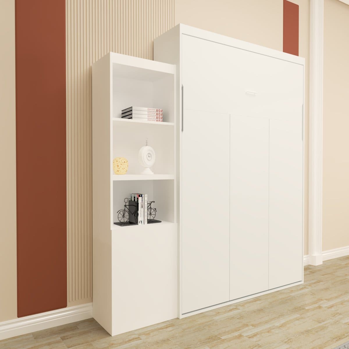 Queen  Size Morden Deisgn Full Size Vertical Murphy Bed with Shelf and Drawers for Bedroom or Guestroom White Wall Bed Space Saving Hidden Bed with New Style Gas Struts