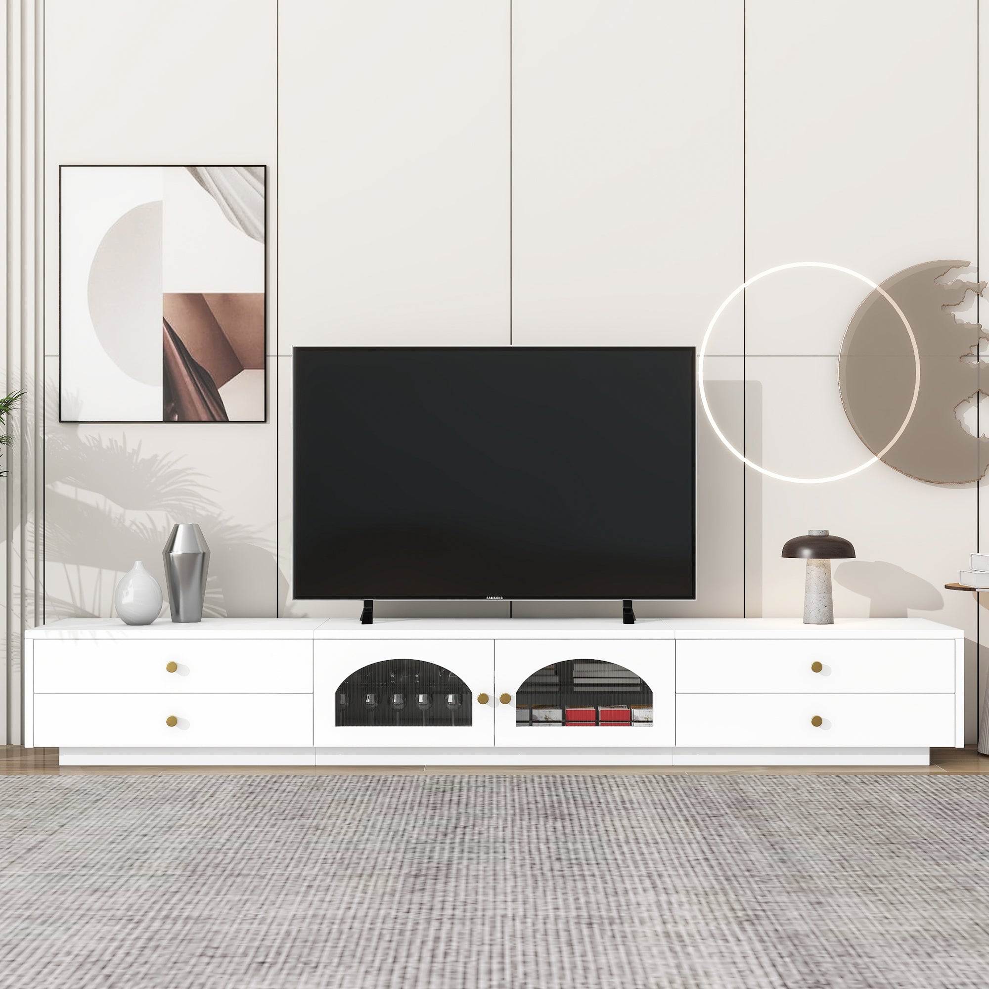 ON-TREND Luxurious TV Stand with Fluted Glass Doors, Elegant and Functional Media Console for TVs Up to 90'', Tempered Glass Shelf TV Cabinet with Multiple Storage Options, White