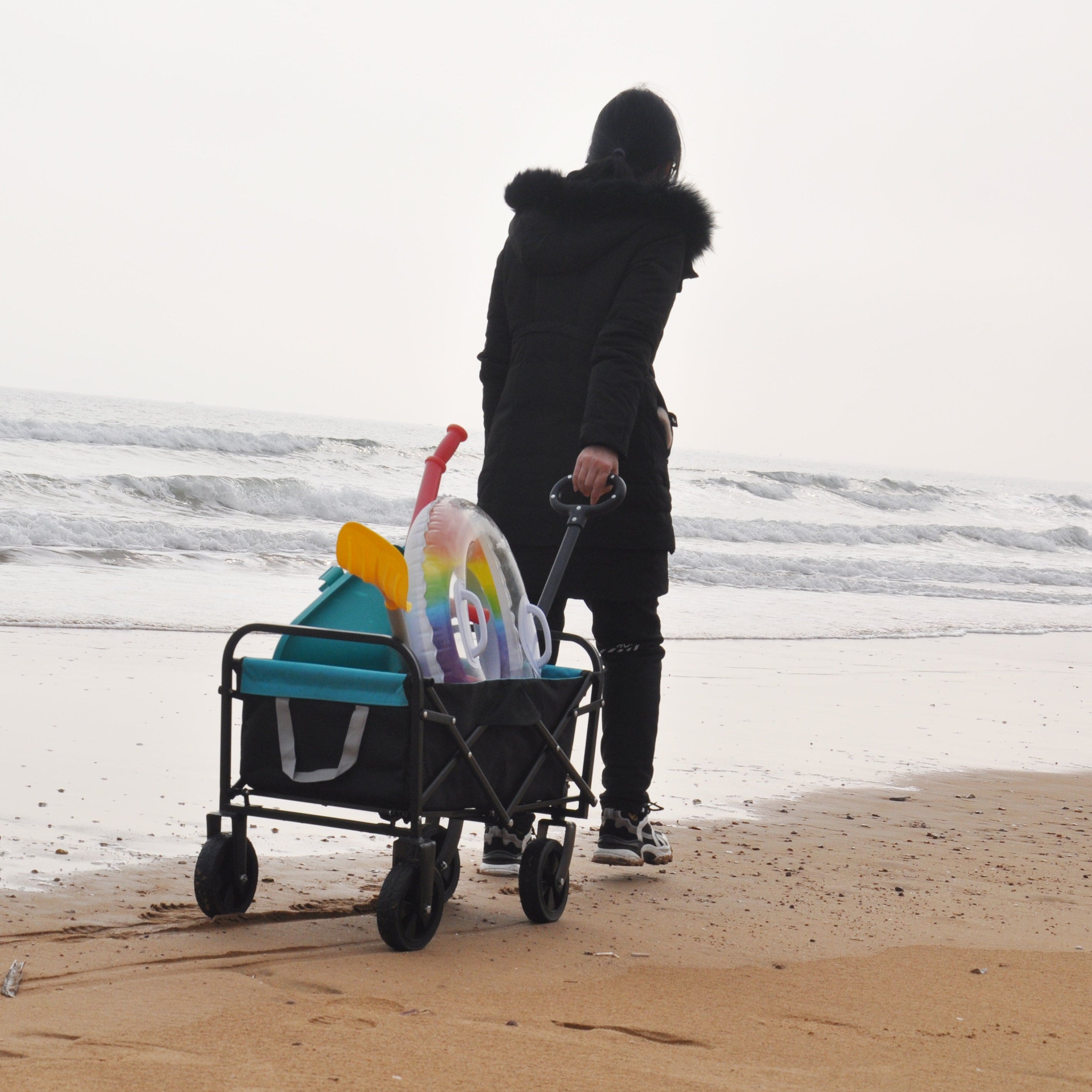 Folding Wagon Garden Shopping Beach Cart (black+blue)