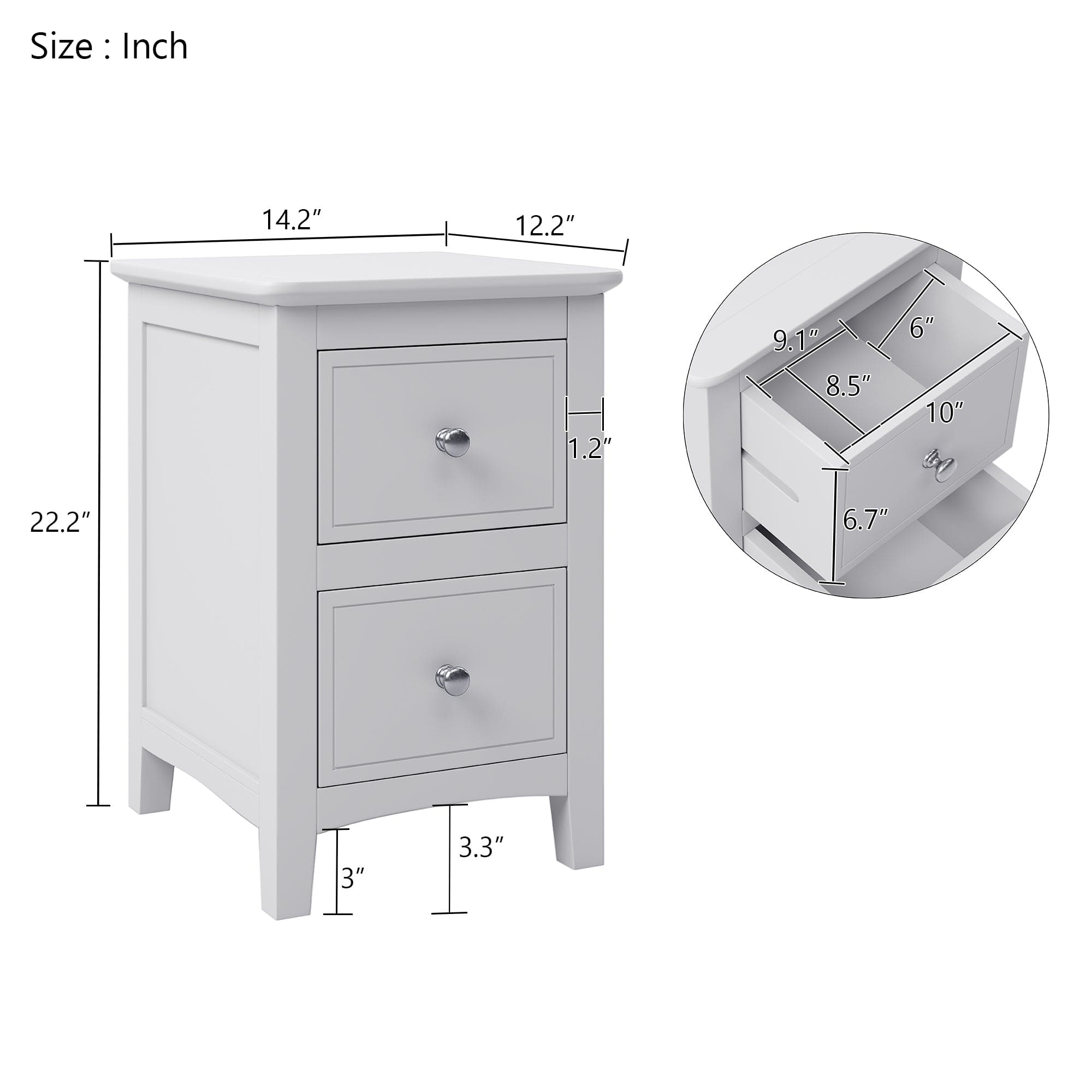 2 Drawers Solid Wood Nightstand End Table in White