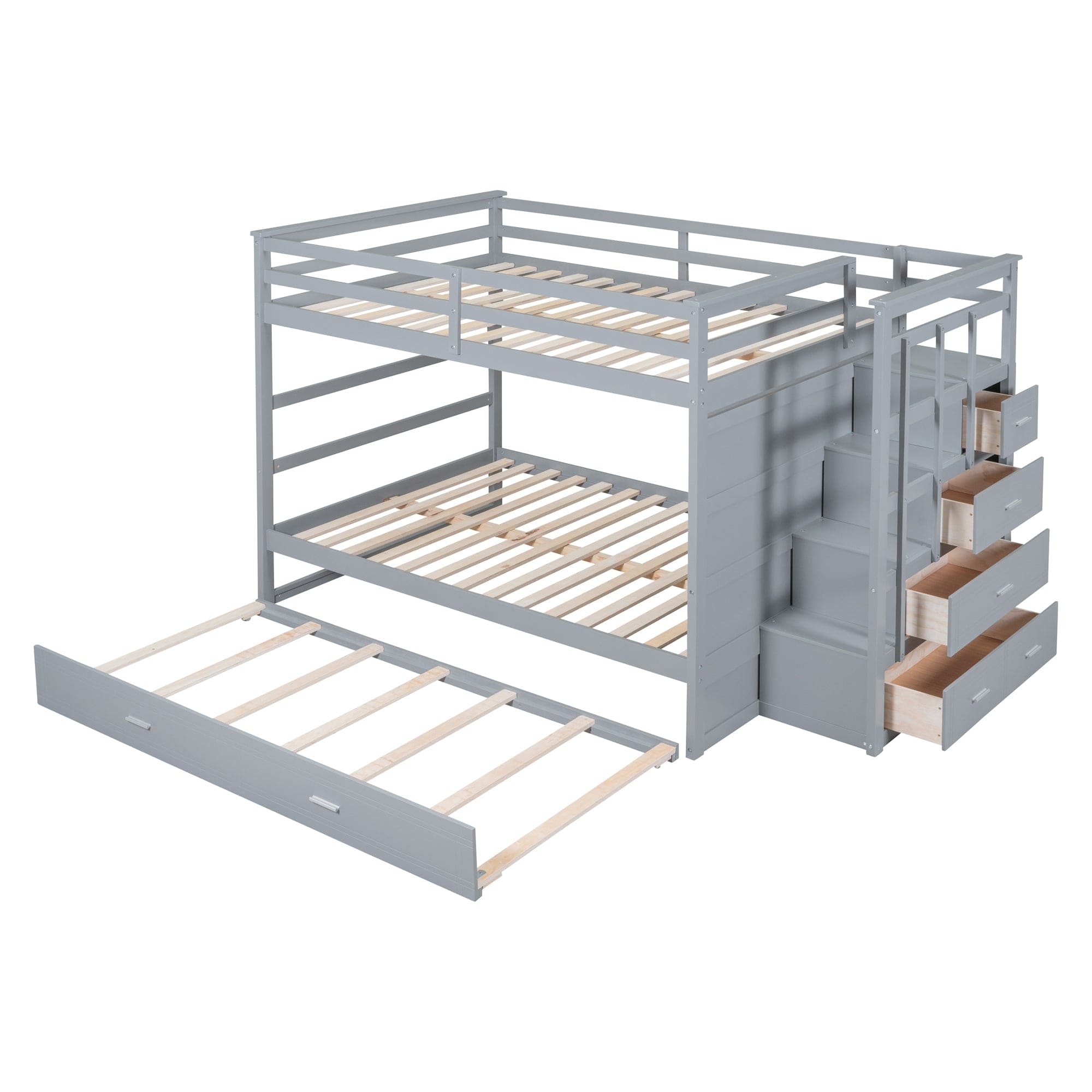 Full Over Full Bunk Bed with Twin Size Trundle and Staircase, Gray