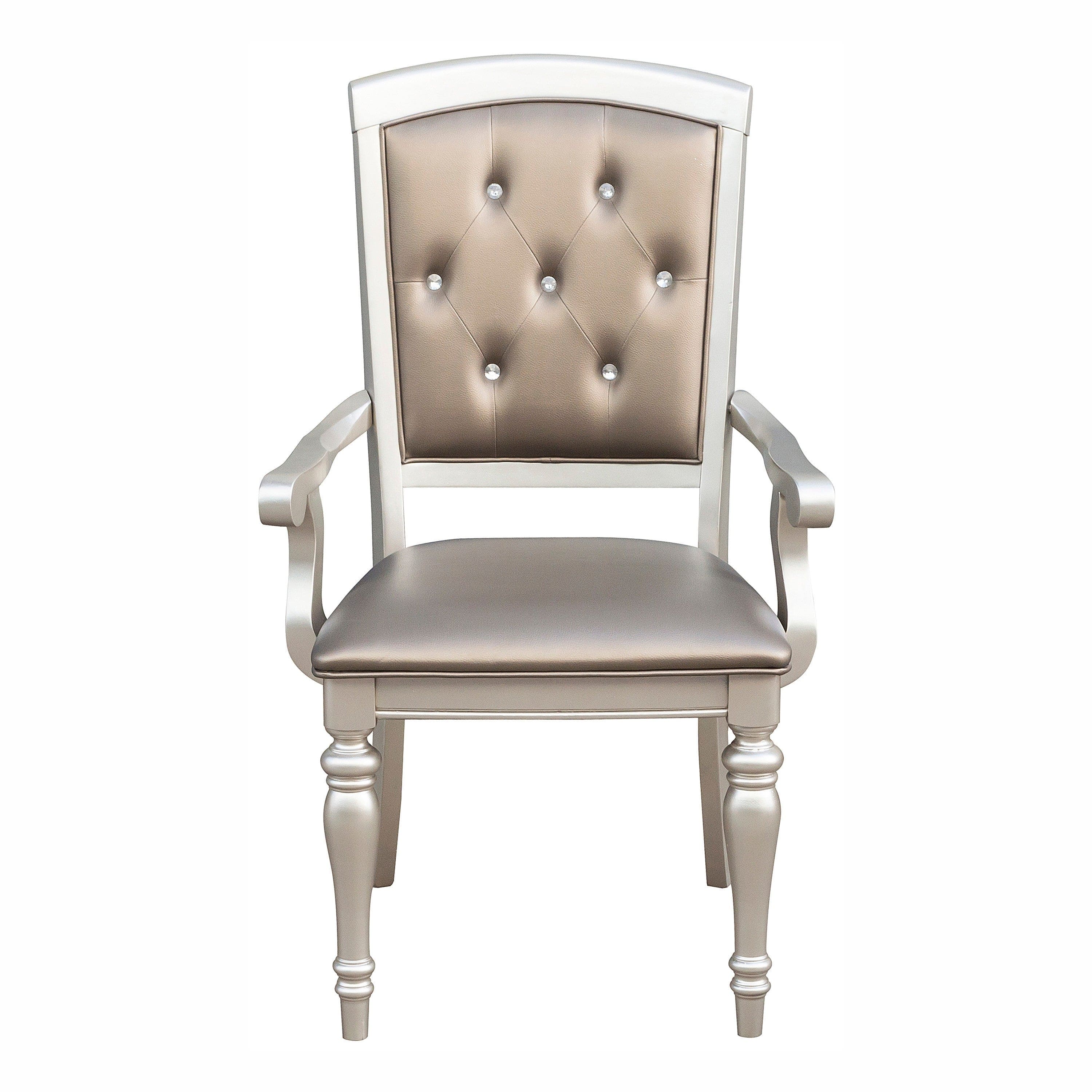 Glamorous Crystal Button-Tufted Set of 2 Arm Chairs Silver Finish Upholstered Seat Back Modern Dining Furniture