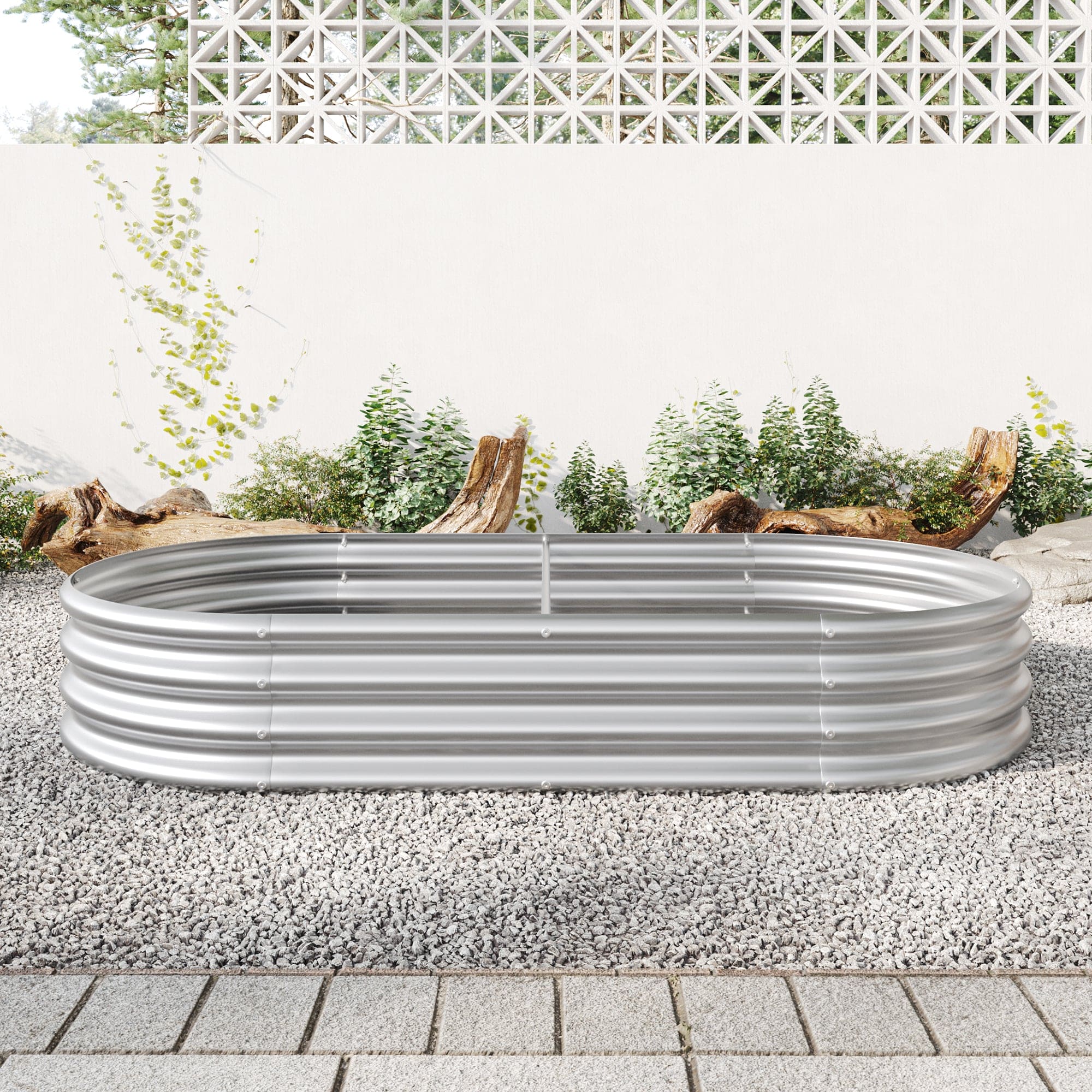 Raised Garden Bed Outdoor,   Oval Large Metal Raised Planter Bed for for Plants, Vegetables, and Flowers - Silver