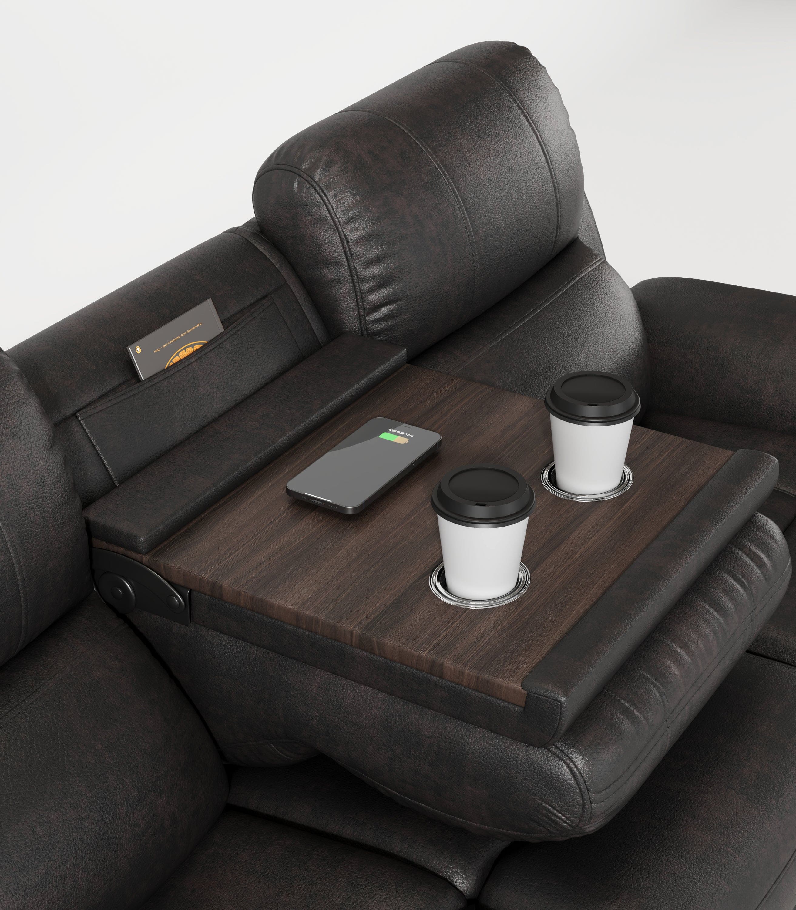 Breathable Fabric Power Reclining Sofa with Drop Down Table,USB Button and Wireless Charger - Espresso