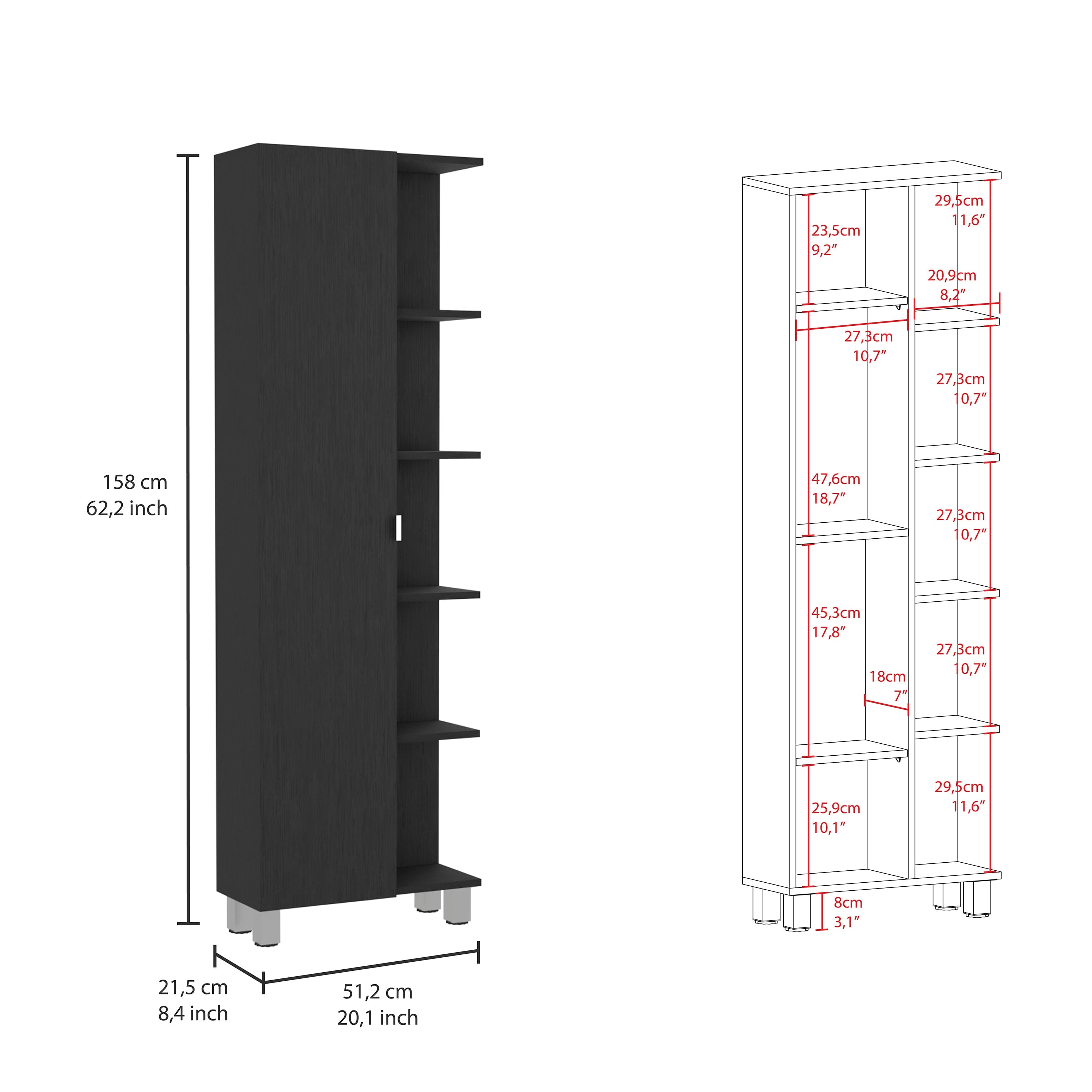 Corner Cabinet Womppi, Five Open Shelves, Single Door, Black Wengue Finish