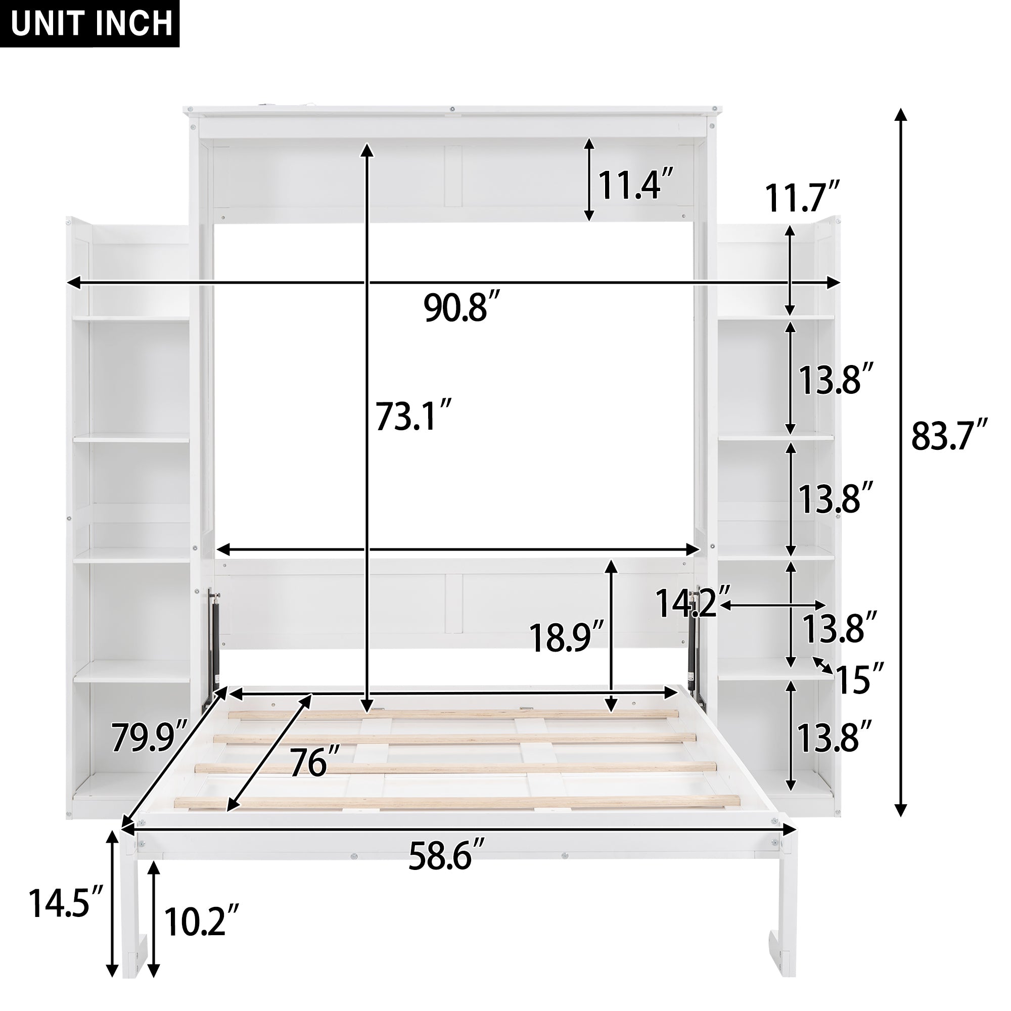 Full Size Murphy Bed Wall Bed with Shelves and LED Lights,White