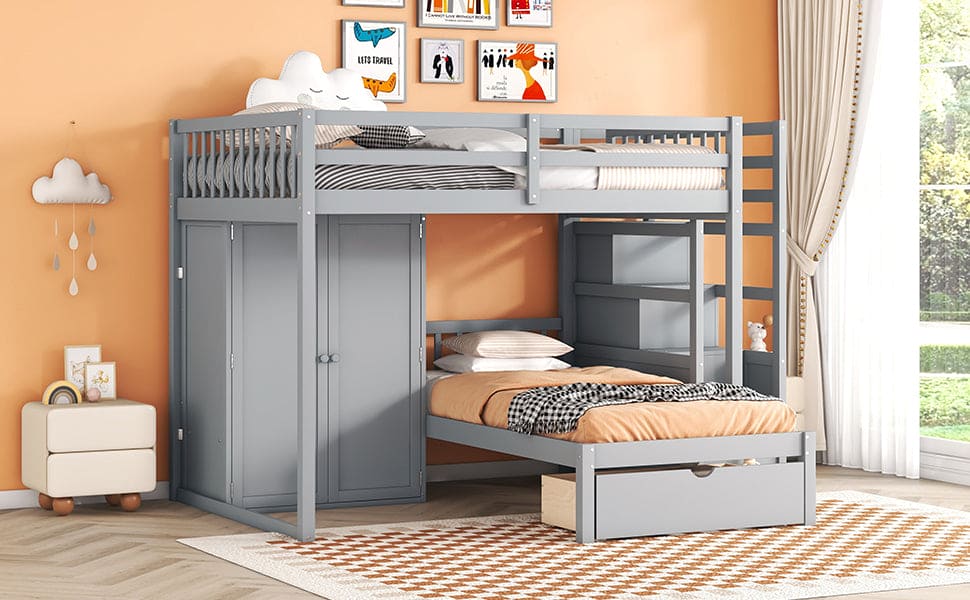 Full Over Twin Bunk Bed with Wardrobe, Drawers, Gray