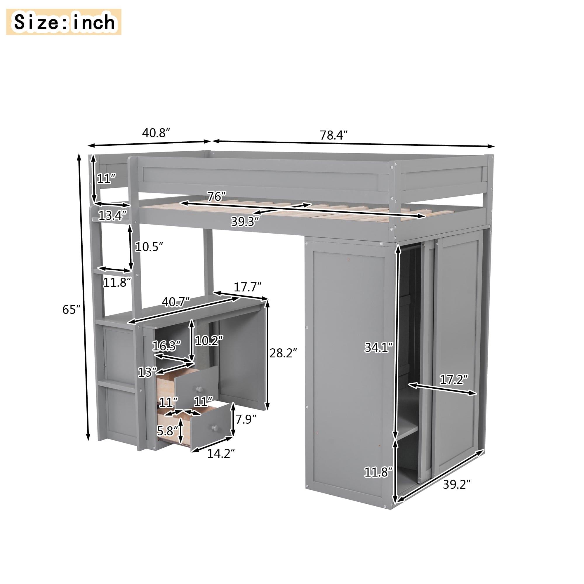 Wood Twin Size Loft Bed with Wardrobes and 2-Drawer Desk with Cabinet, Gray